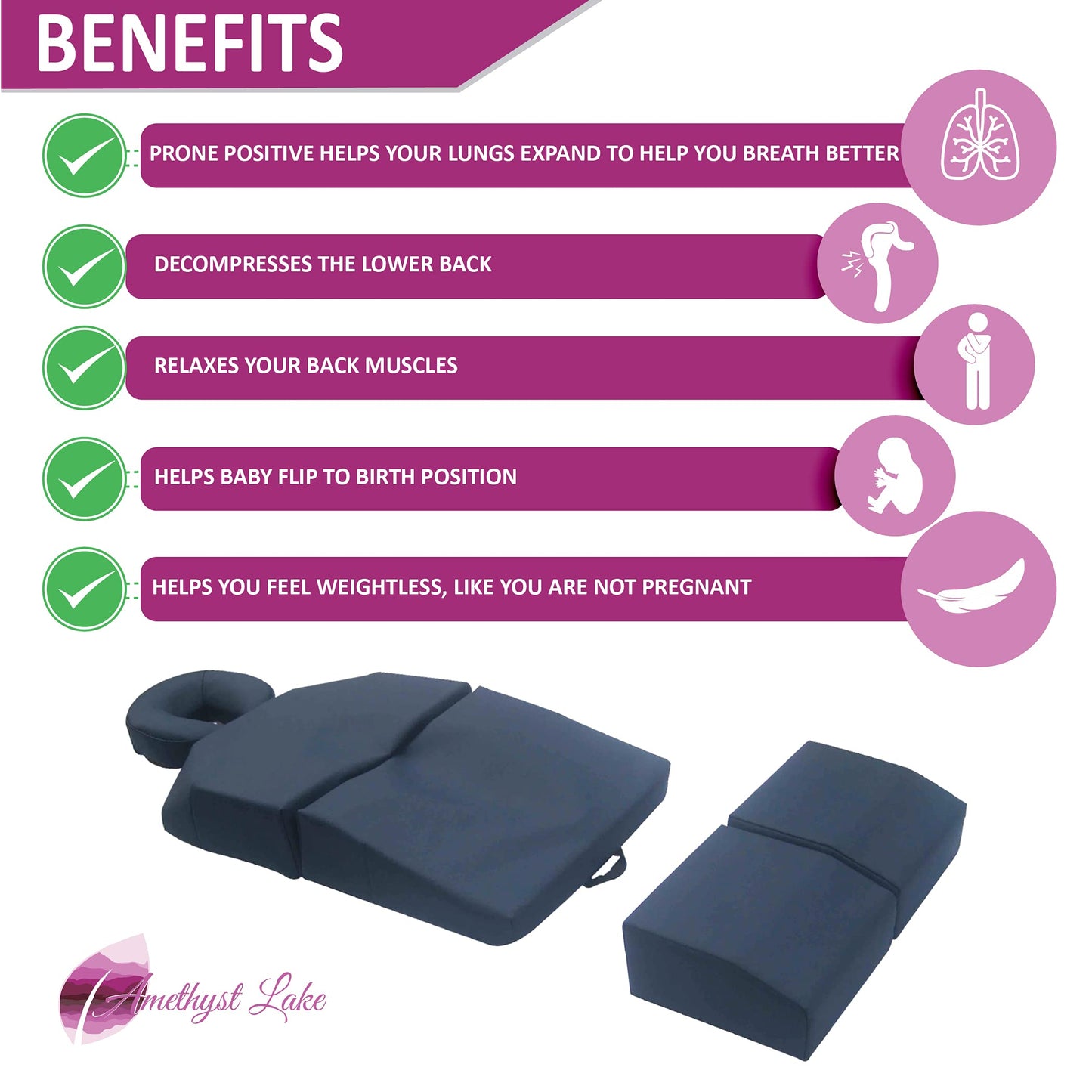 Amethyst Lake Pregnancy Massage Cushion with Headrest – Full Body Prenatal Bolster Positioning System – Ideal for Lower Back Pain and After Breast Surgery - White
