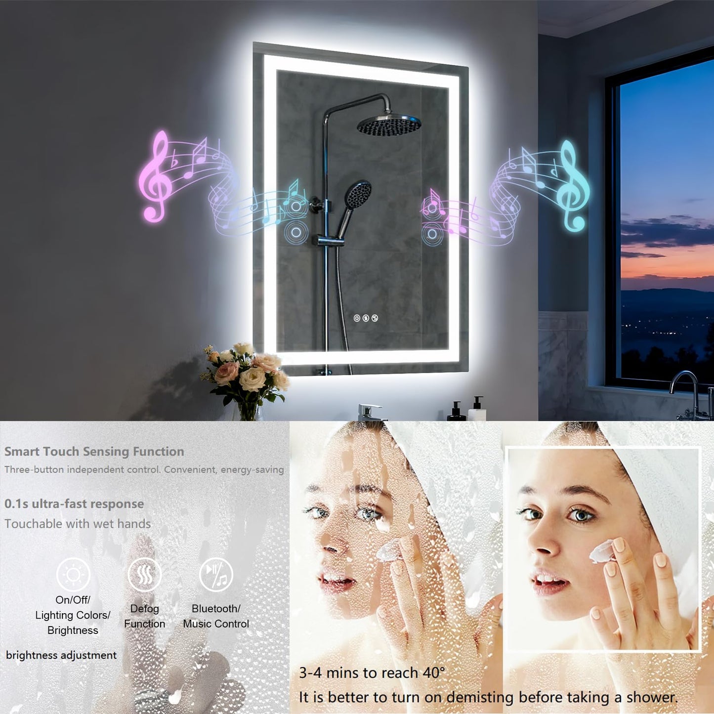 Olyvren 24"x32" LED Bathroom Mirror with Lights,Bluetooth Dual Speaker,Anti-Fog,3 Color Temperature,Dimmable Brightness,Memory Function,Waterproof,Wall Mount Design,Tempered Glass