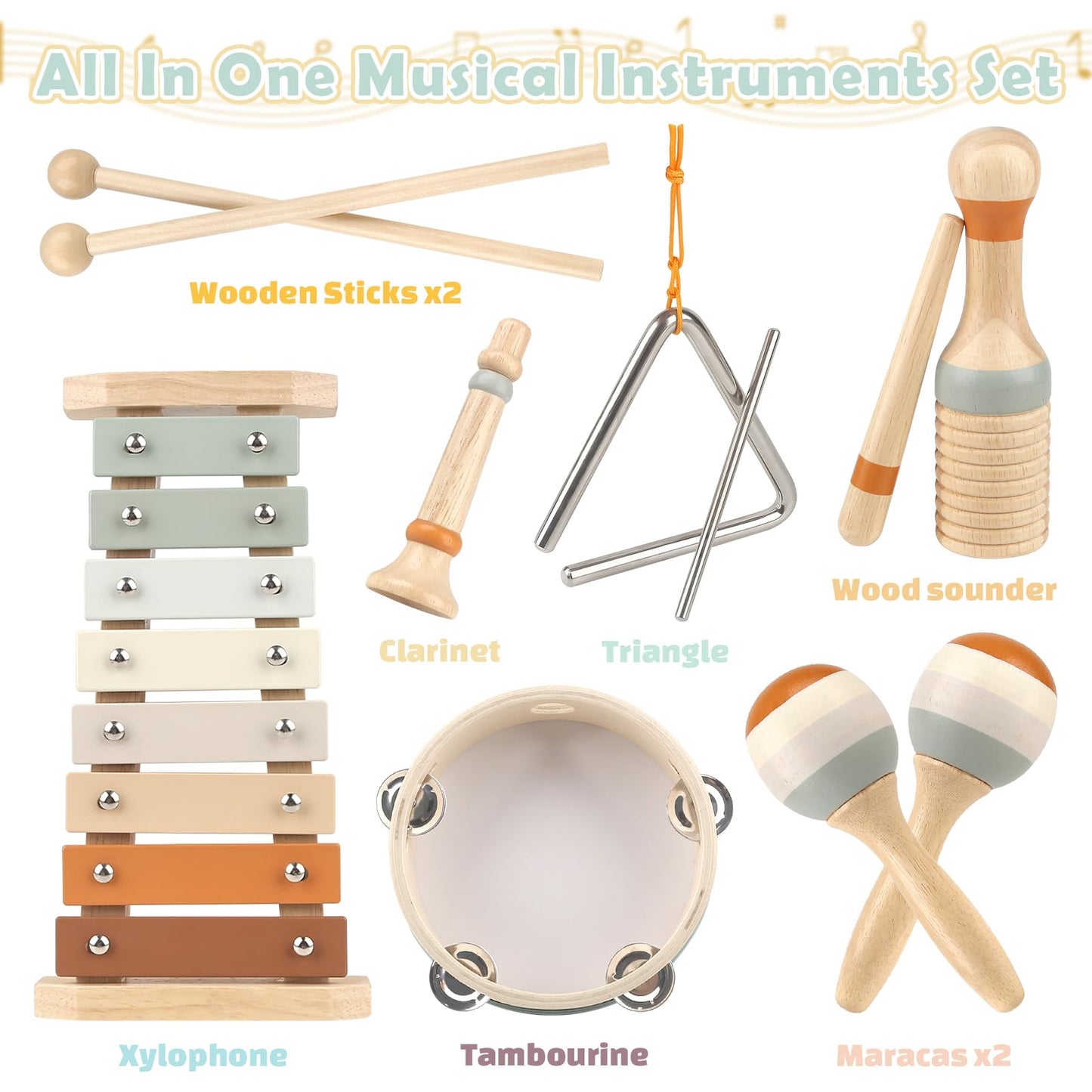 Musical Instruments - 6 in 1 Wooden Musical Toys for 2 3 Year Old Boy & Girls Birthday Gifts, Neutral Colors with Modern Boho Xylophone for Toddler Preschool Educational Toy for Baby 18+ Months