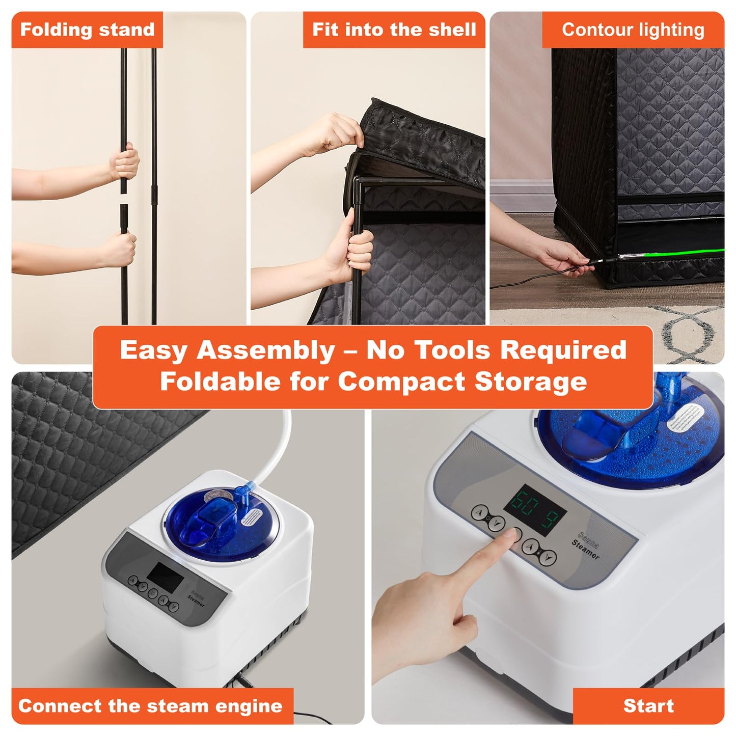 UNANEST Portable Full-Body Steam Sauna Tent for Home – Large Indoor Personal Sauna with 9 Heat Levels, 3L Steamer, Remote, Foldable Chair and Transparent Window (Quadrilateral, Black)