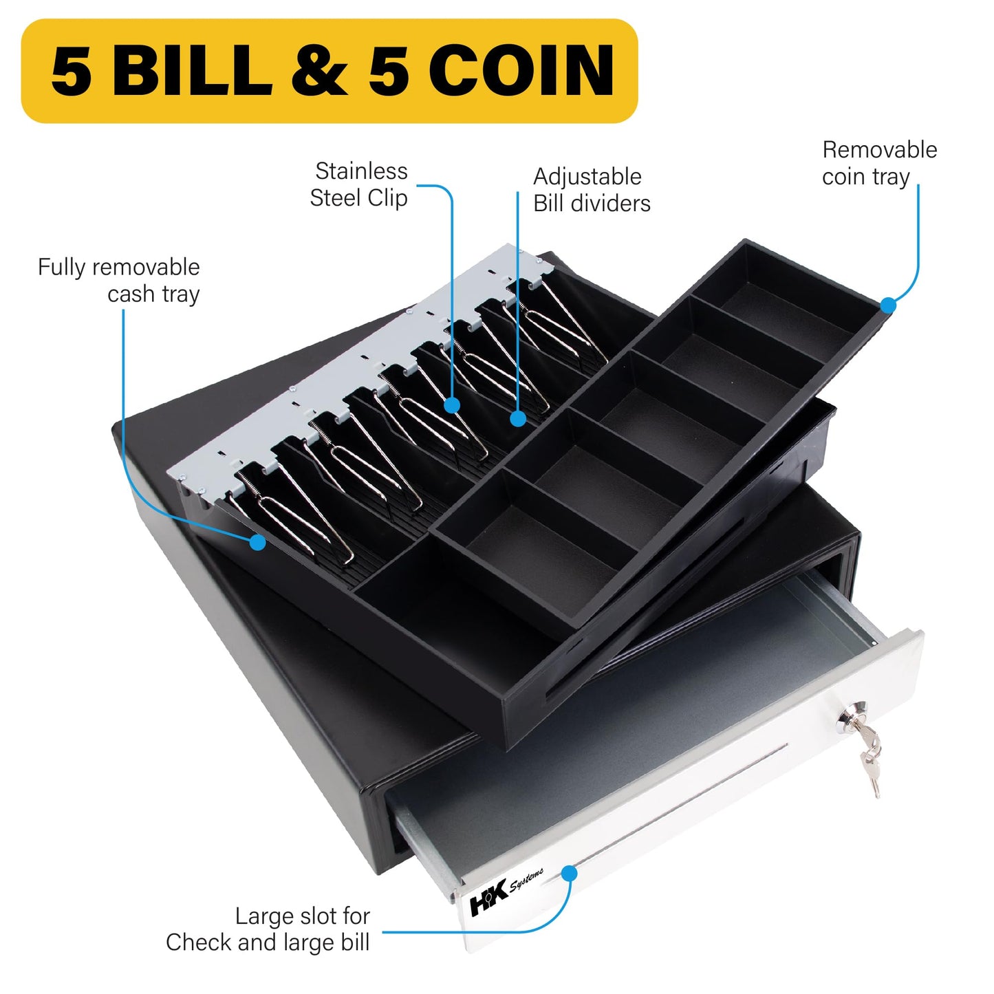 HK SYSTEMS 16inch "Stainless Steel" Front Heavy Duty POS "USB" Interface Cash Drawer with 5Bill/5Coin (BLACK) "NO compatibility with Square POS system for now"