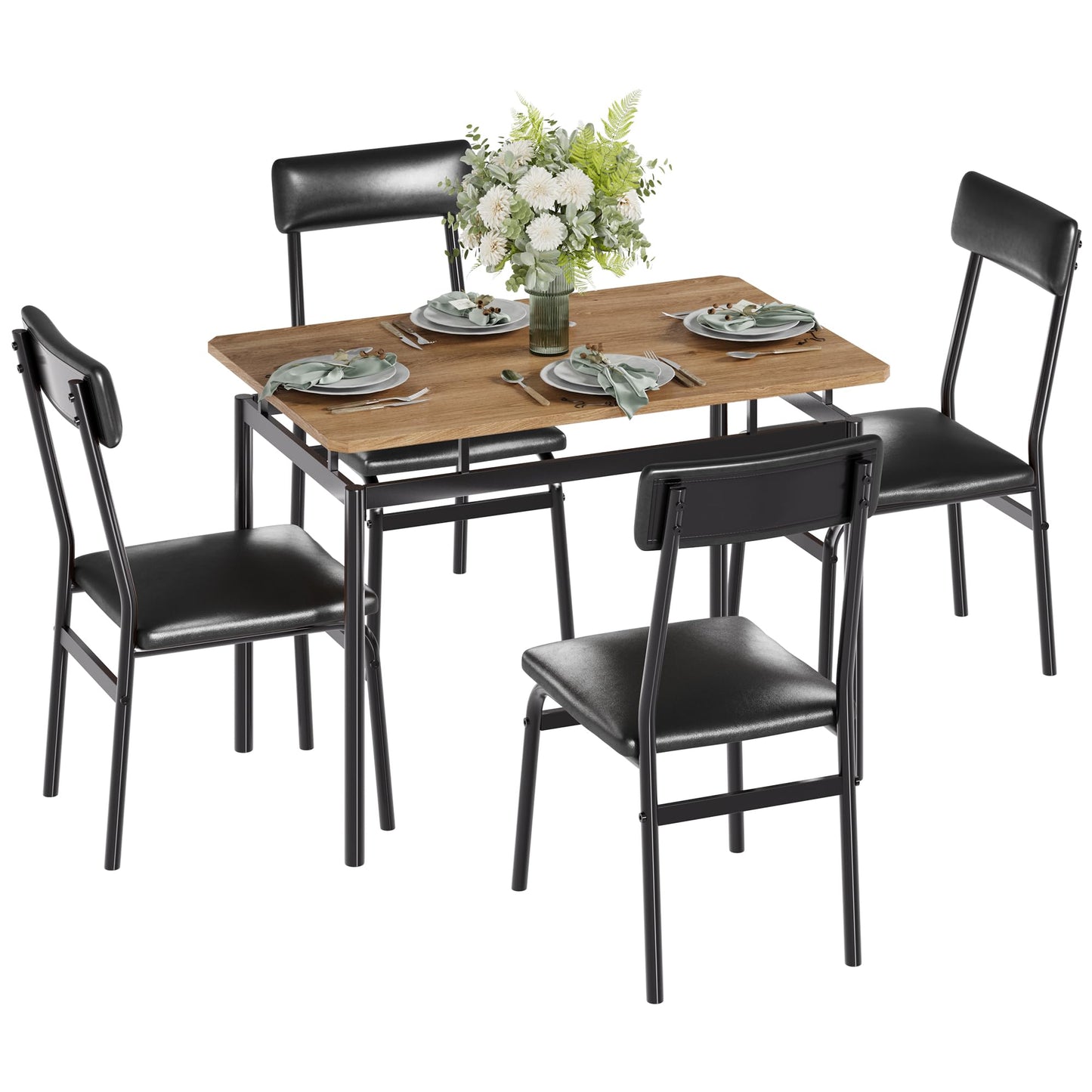 Takywep Dining Table Set for 4, 5 Piece Wooden Kitchen Table with PU Upholstered Chairs, Sturdy Industrial Metal Frame, Space-Saving Design for Apartment, Breakfast Nook