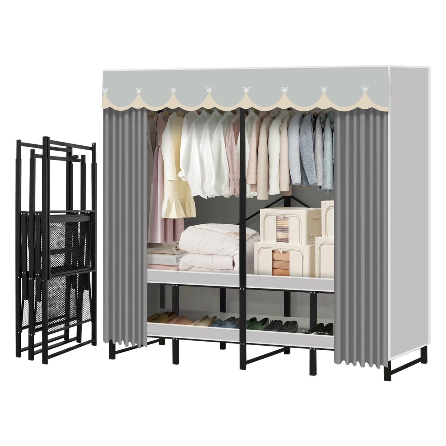 Portable Closet Rack Heavy-Duty Foldable Garment Racks with Cover 1200lbs Enclosed Wardrobe Closet with Independent Area for Hanging Clothes Storaging of Bedding (66in*20in*67in)