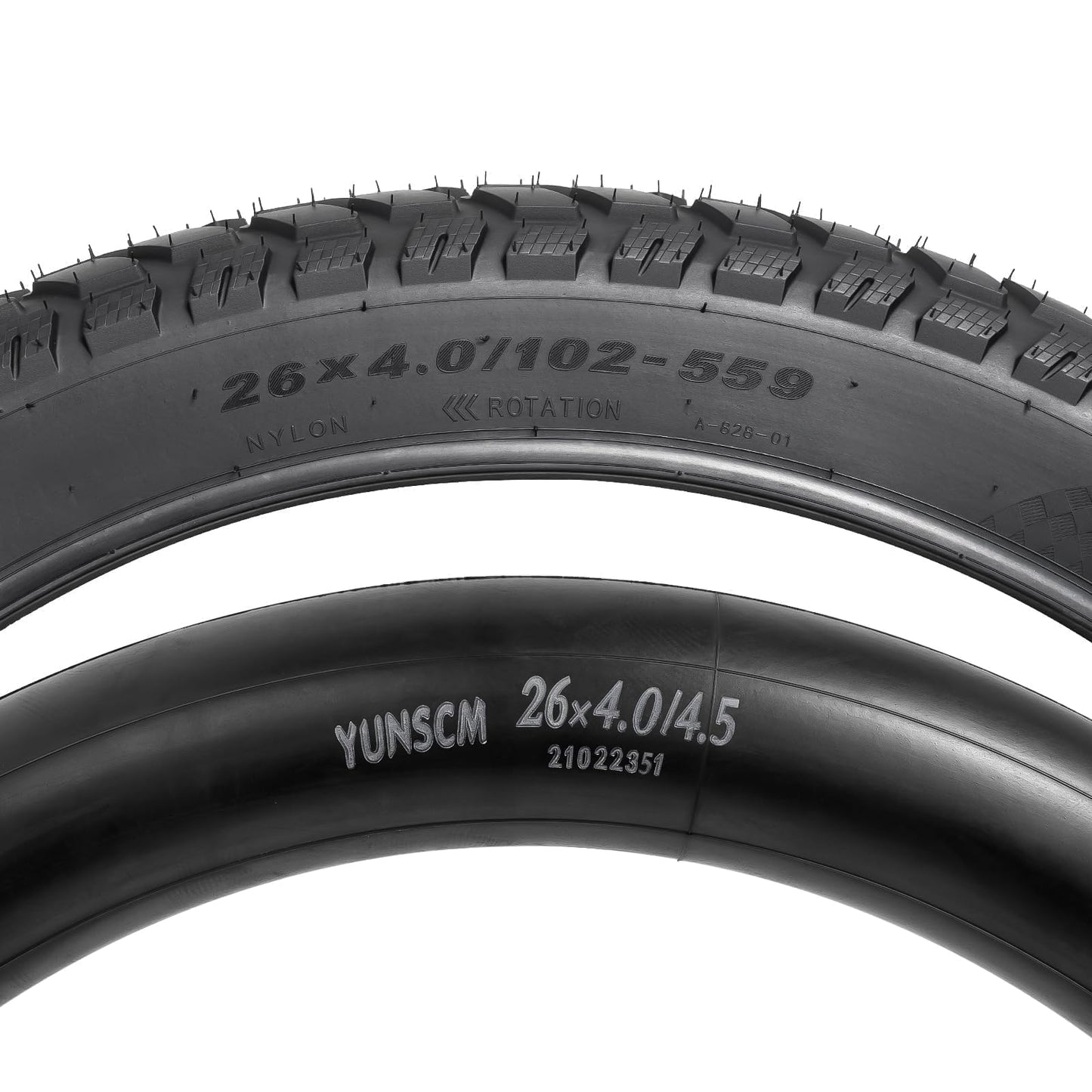 YUNSCM 2-PCS 26" Heavy Duty Fat E-Bike Tires 26 x 4.0/102-559 and 2-PCS 26"x4.0" Bike Tubes Scharder Valve Compatible with 26x4.0 26x4 E-Bike All-Terrain Directional Tread Bicycle Tires and Tubes