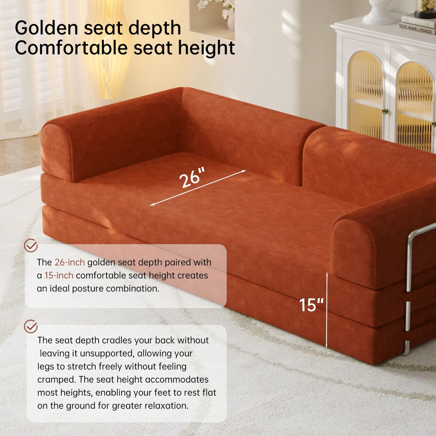 79” Convertible Sofa Bed, 35D High-Density Foam&Corduroy Fabric Sleeper Couch Bed, Fixed-Shape Frame & Removable Armrests,Modular Folding Small Loveseat Futo, Sectional Funto Couch for Small Spaces