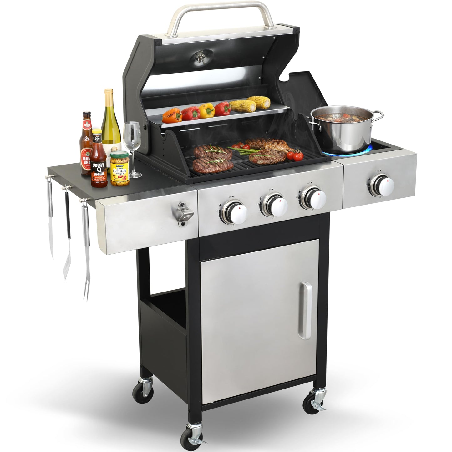 IdeaMaxx 3-Burner Propane Grill for Backyard - 37,230 BTU BBQ with Side Burner, Porcelain Cast Iron Grates, Stainless Steel Outdoor Grill for Camping & Tailgating, Fast Heating