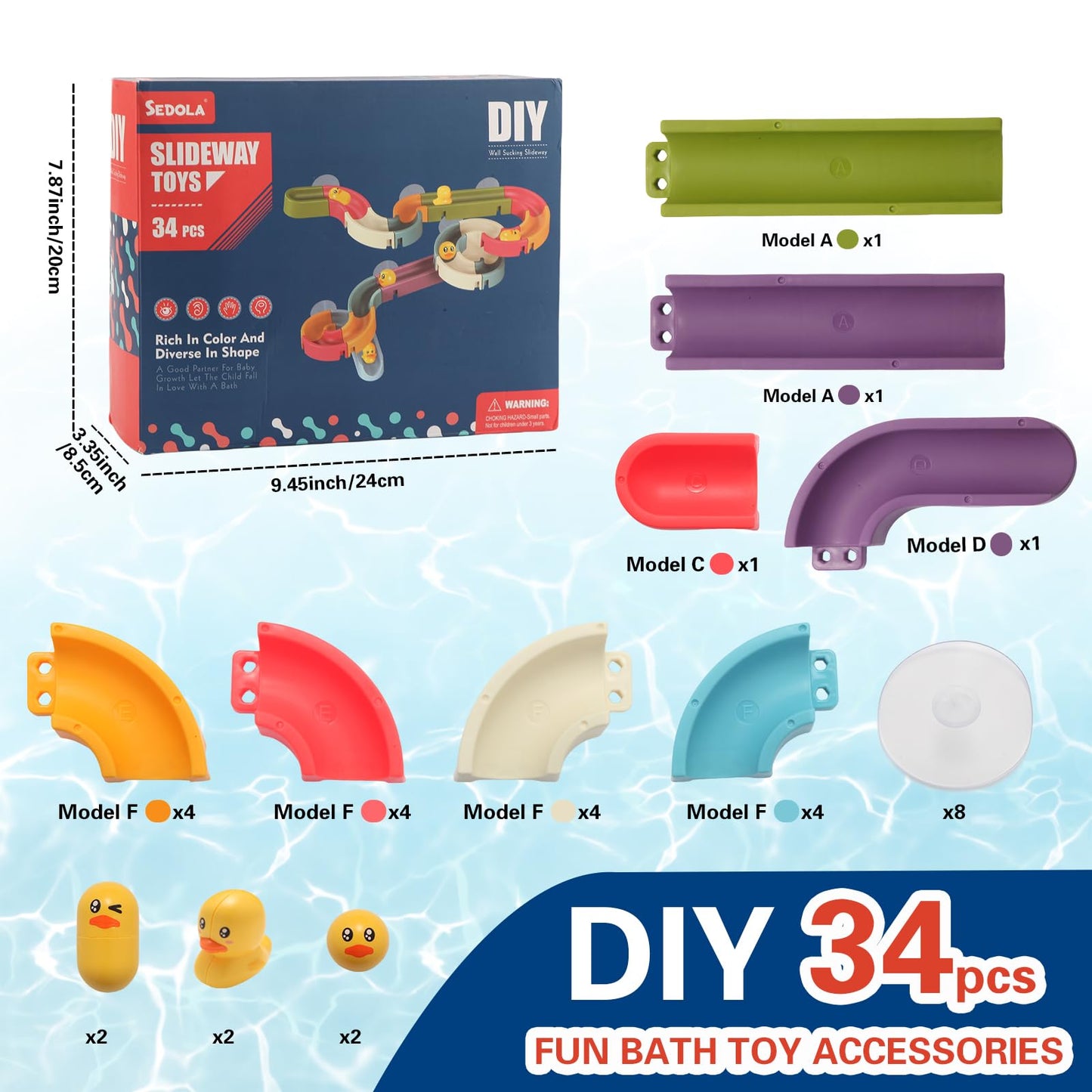 Fracurs Duck Slide Bath Toys for Kids Ages 4-8, Bathtub Toys DIY Wall Track Building Kit for Toddlers 2-4 3-5, Fun Shower Toys Bathtub Time Birthday Gift for 3+ Years Old Boys and Girls（34PCS）