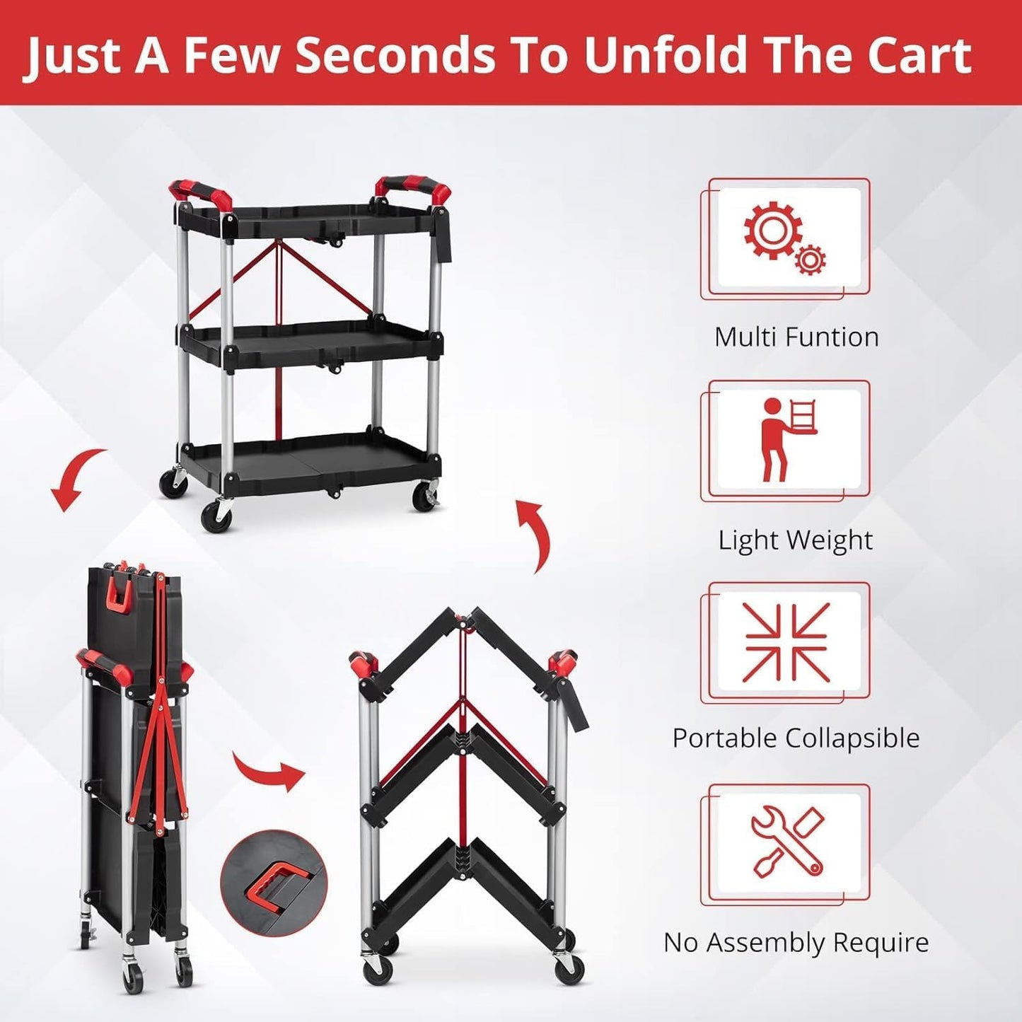 3 Tier Rolling Cart, 167 Lbs Foldable Utility Service Cart, Portable Utility Cart with Lockable Universal Wheels, No Installation Required, Suitable for Warehouse, Garden, Office, Kitchen