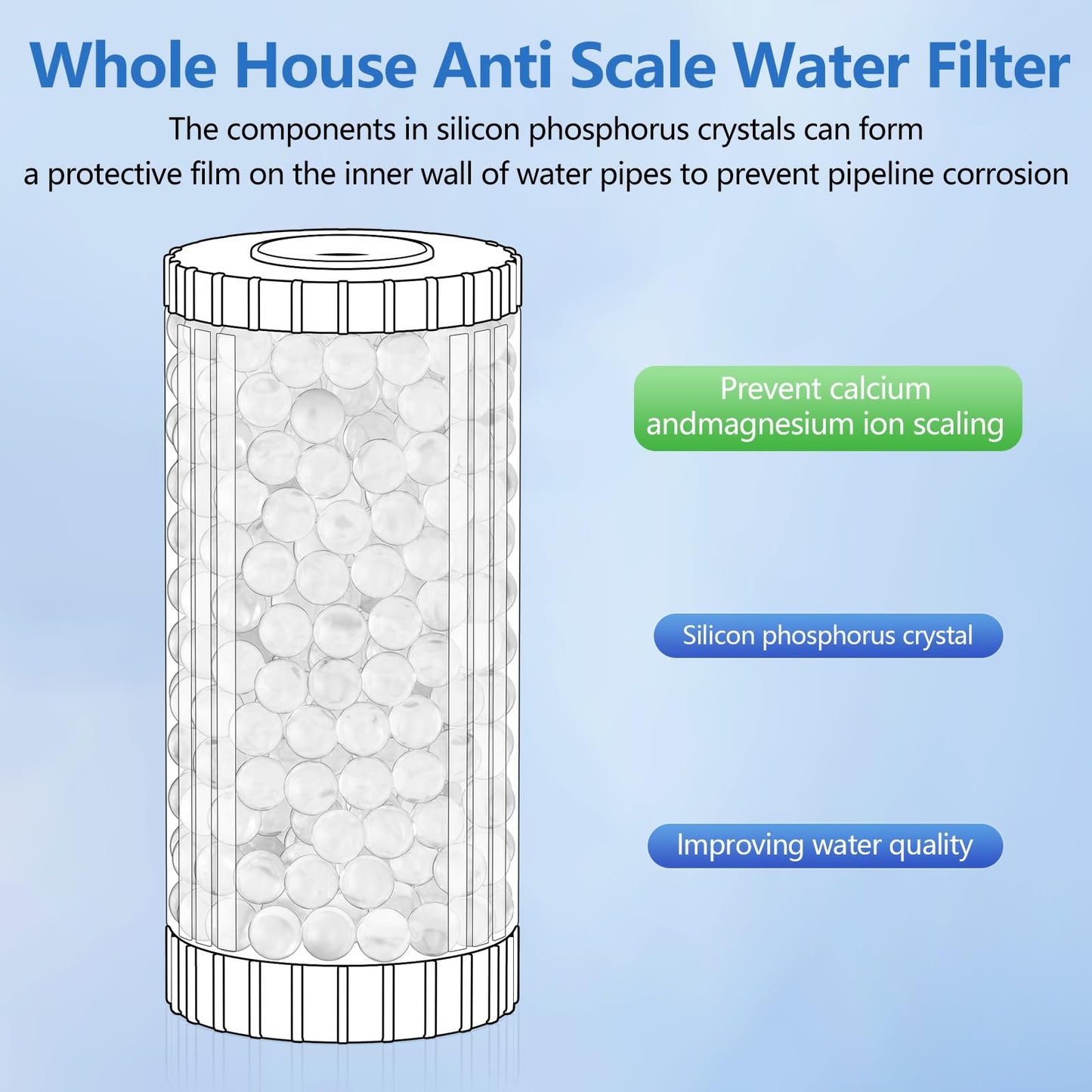 Anti Scale Whole House Water Filter System, Pipeline Prevent Scale Whole House Water 10" x 4.5" Filter, with 80,000 Gallons Capacit, 1" Inlet/Outlet, Reduces Scale Water Filters