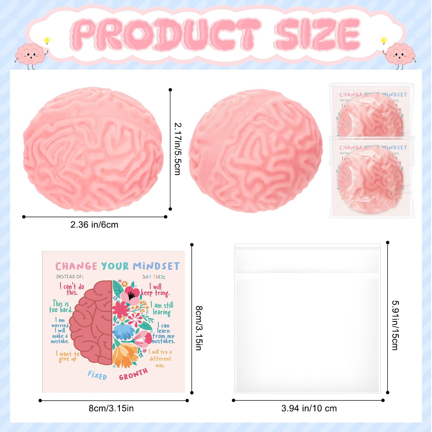 Hollowfly 72 Set Growth Mindset Gift Brain Stress Balls Bulk with Motivational Cards Back to School Stress Balls Gifts Funny Relief Toy for Students Classroom Employee Appreciation for Coworker