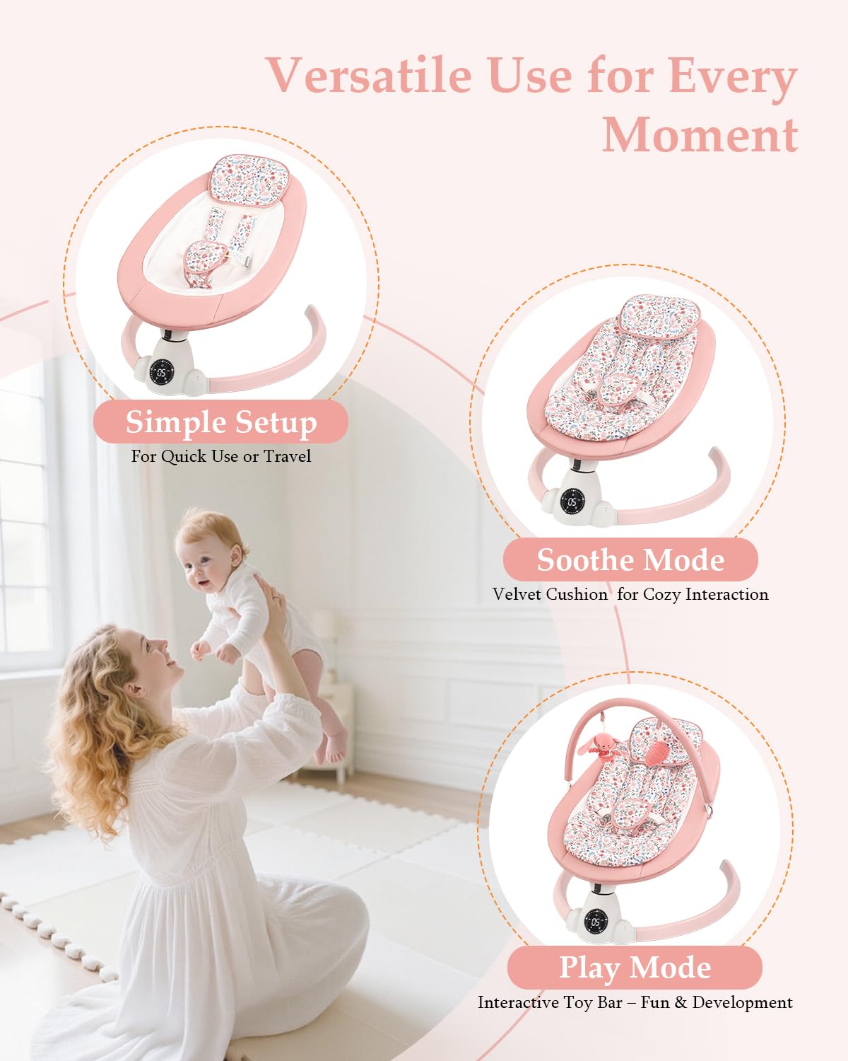 Baby Swing for Infants, Electric Baby Swing with Bluetooth, Portable Infant Swing with 5 Speeds, 10 Lullabies, 5-Point Harness & Remote Control, for Newborns Infants Indoor Outdoor Use (Floral)