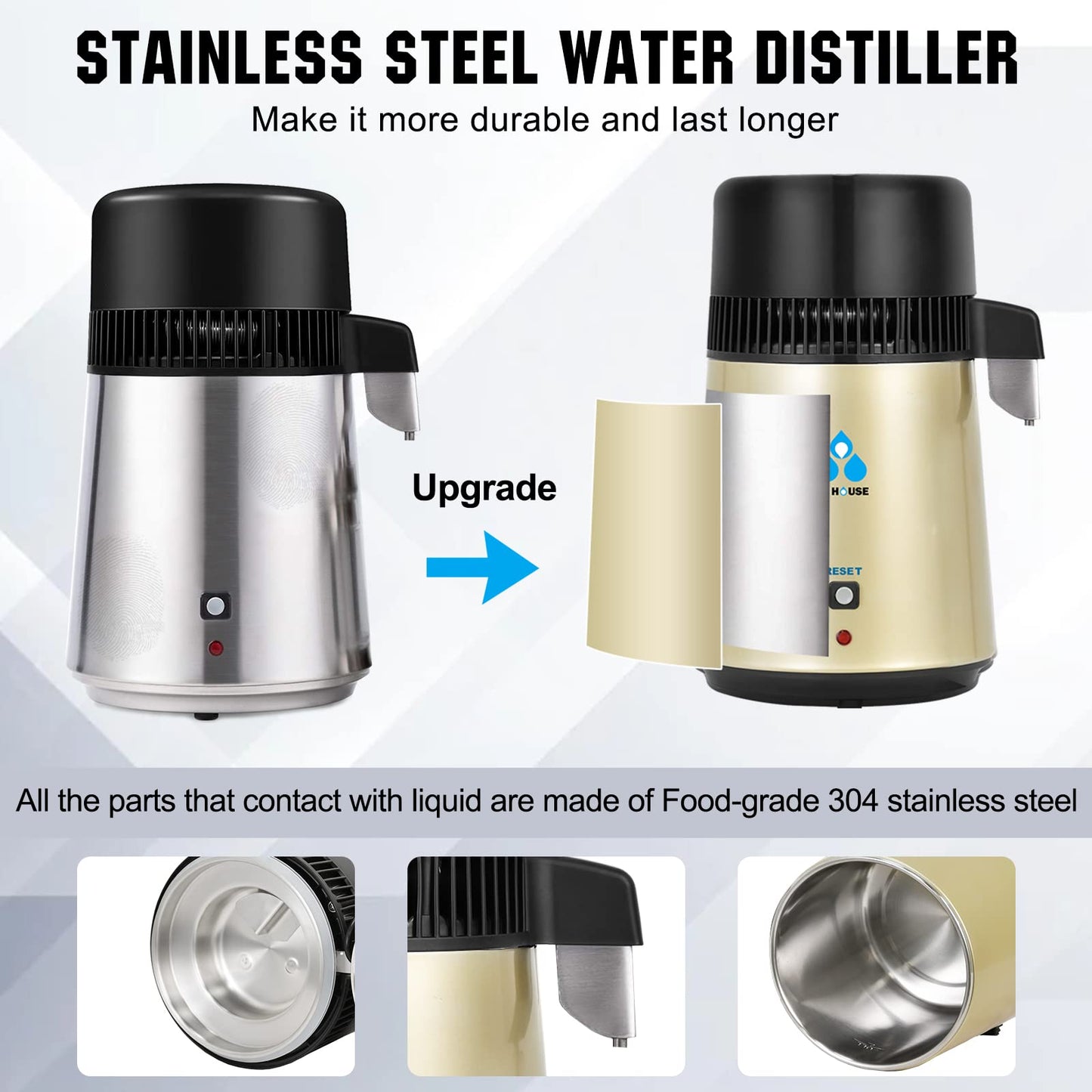 DC HOUSE Upgrade Water Distiller, 304 Stainless Steel 1 Gallon Distilled Water Maker Machine for Home Countertop Table Desktop, 750W 4L Making Machine with On Off Switch, Glass Container
