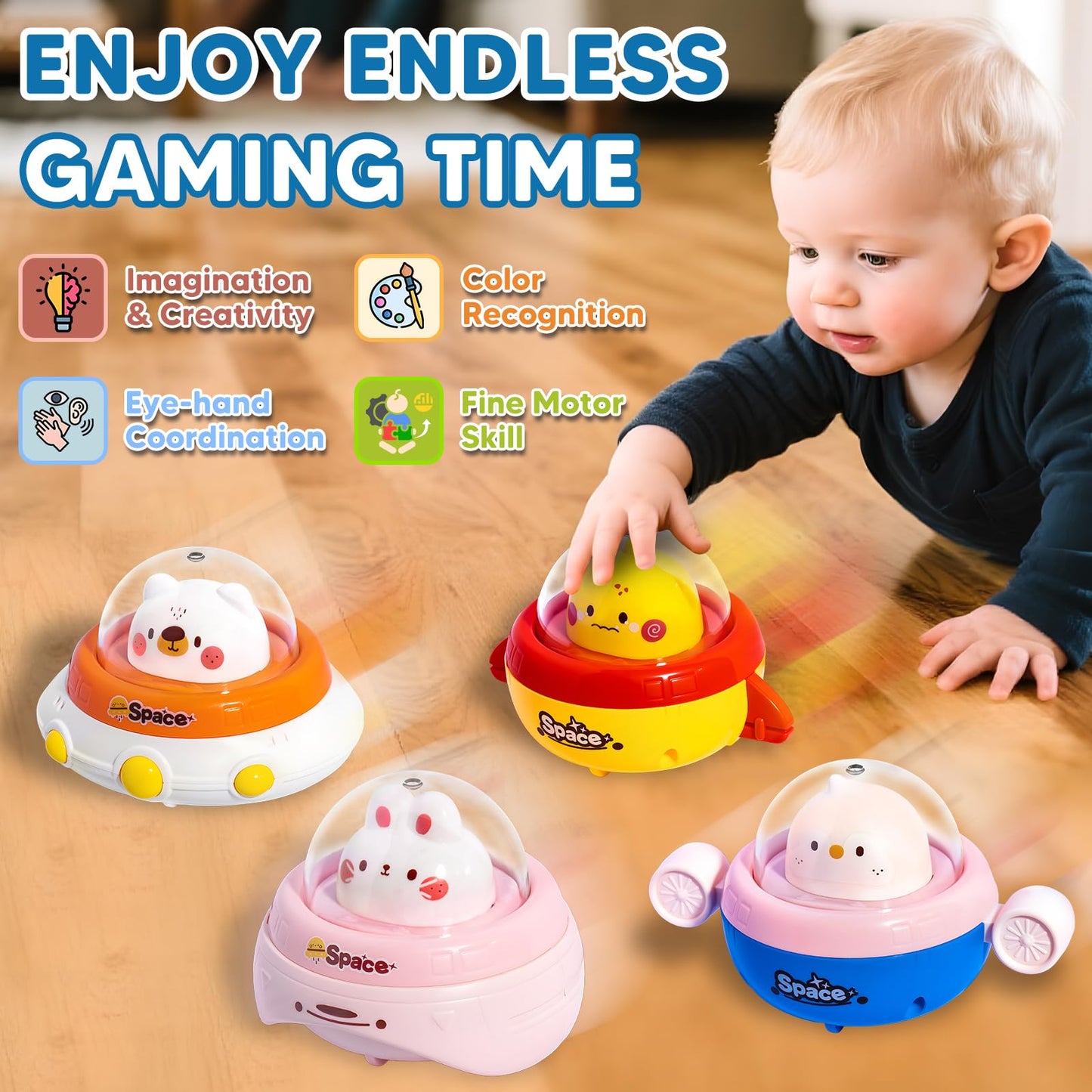 KIDS KING 4PCS Animal Press to Go Car Toys for Toddlers 1-3, Push Go Friction Car Toys for 6-18 Months Baby, Animal Space Racing Cars, Infant Play Vehicle Set, Birthday Gifts for 1 Year Old Girl & Boy