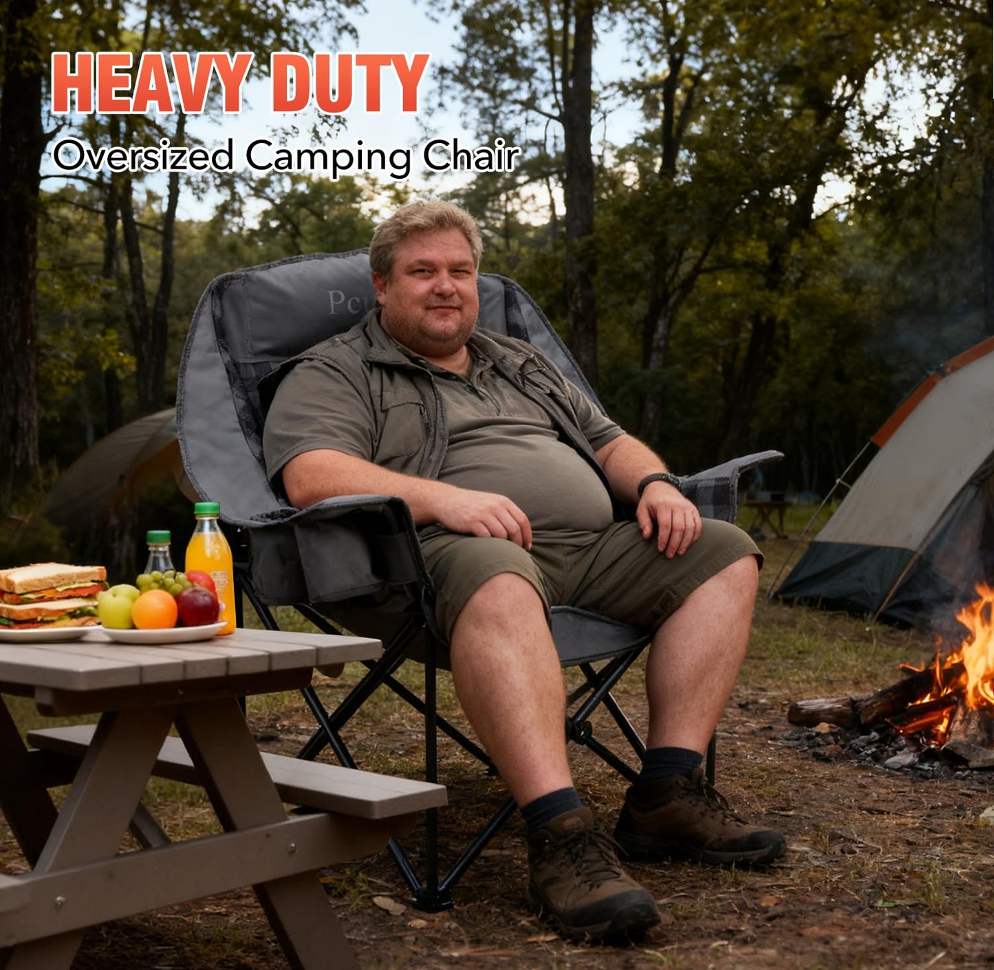 Pcuauld Camping Chairs for Adults 2 Pack Heavy Duty Padded Folding XL Camp Chair with Cup Holder, Supports 500lbs, Oversized Large Outdoor Widen Comfy Lawn Chairs for Tailgating Sports Beach