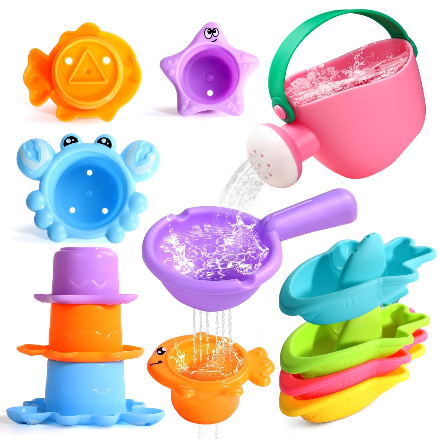 Fajiabao Baby Bath Toys for Kids Ages 1-3 Toddler Bath Toys Mold Free for 2-4 Bathtub Sand Beach Pool Water Toys for 1+ Year Old Girl Gifts 9 PCS (Color Random)