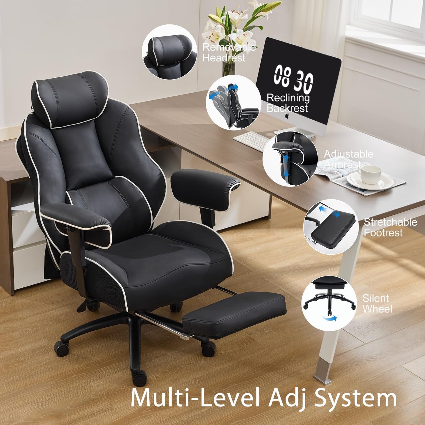DJ·Wang Big and Tall Office Chair with Foot Rest, High Back Executive Office Chair PU Leather, Ergonomic Chairs with Lumbar Support, 135° Reclining Chairs with Thickened Spring Cushion Black
