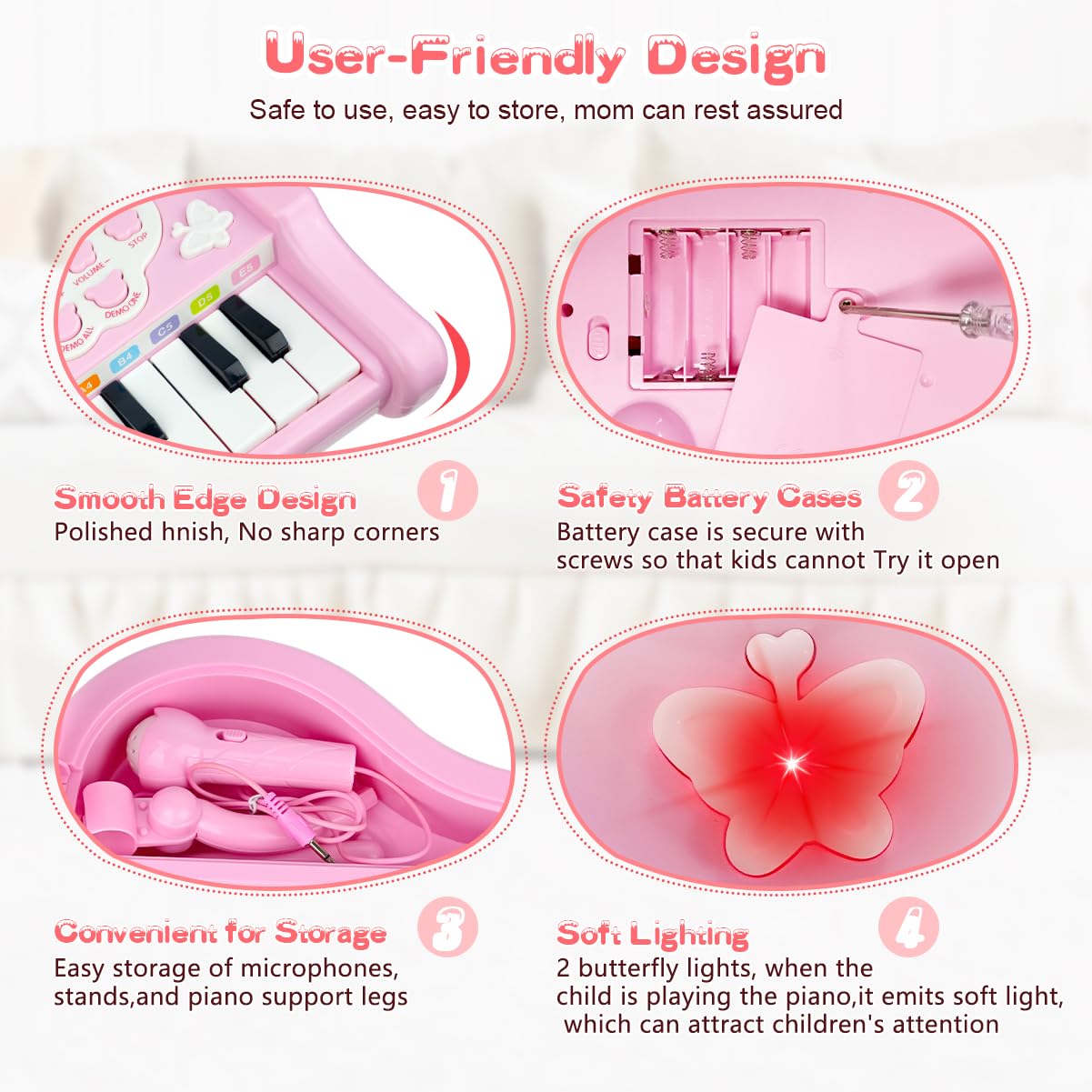 Love&Mini Pink Piano Toys for 1+Years Old Girls First Birthday Gifts Toddler Piano Music Toy Instruments with 24 Keys and Microphone
