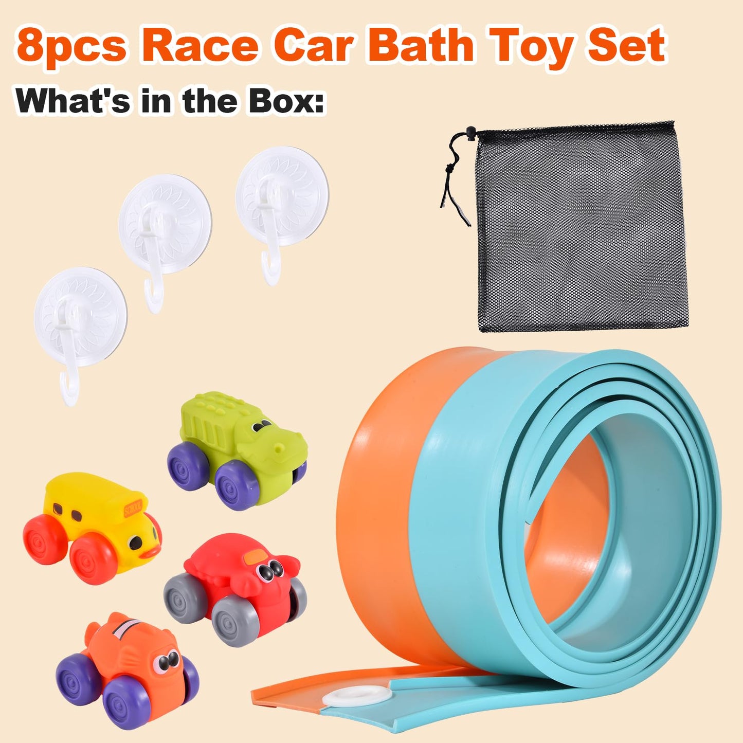 5 Ft Race Car Bath Toy Set, Toddler Bath Toys, Race car Set for Kids Ages 3+, Bathtub Time Birthday Gift for Boys & Girls, Including Mesh Storage Bag and 3 Suction Cup (Orange)
