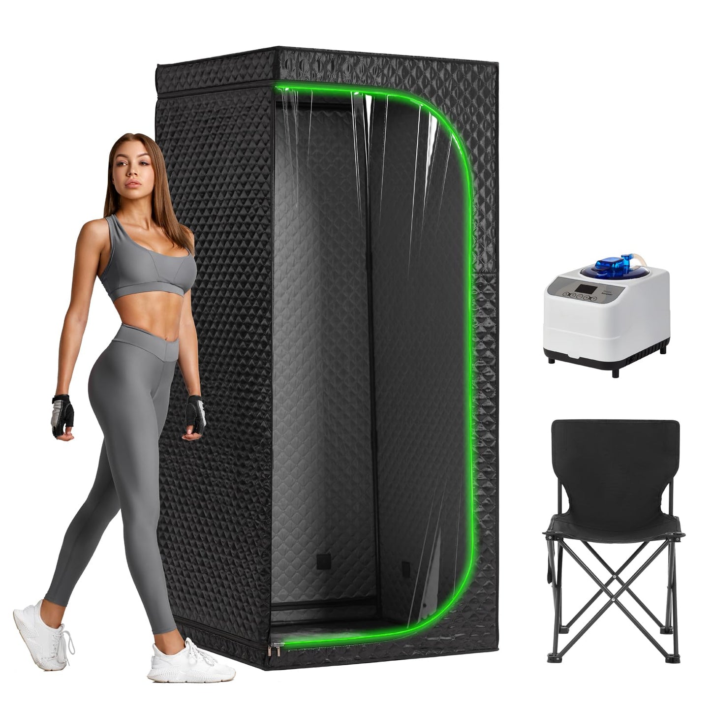 UNANEST Portable Full-Body Steam Sauna Tent for Home – Large Indoor Personal Sauna with 9 Heat Levels, 3L Steamer, Remote, Foldable Chair and Transparent Window (Quadrilateral, Black)