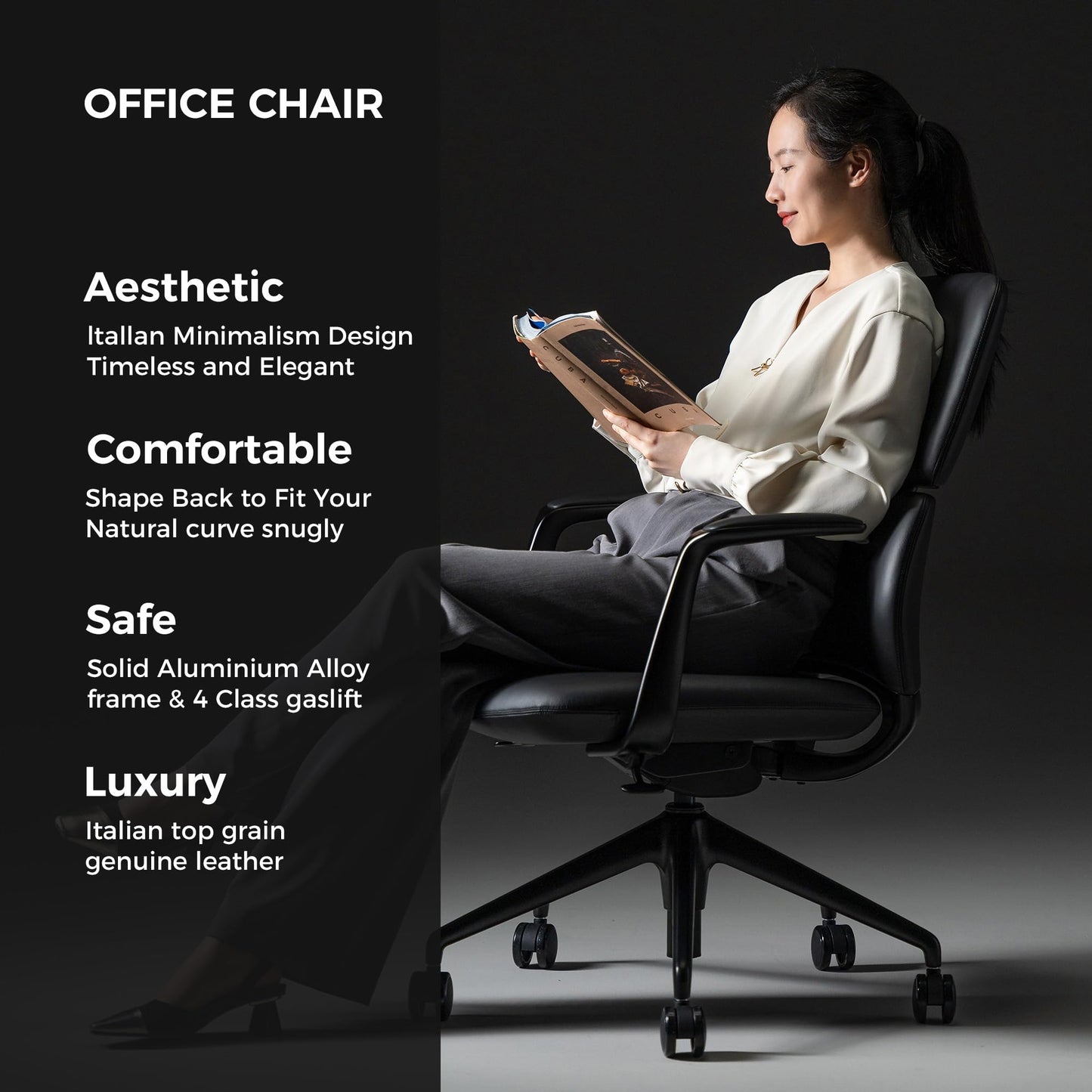 TOMU Genuine Leather Office Desk Chair with Wheels, Ergonomic Leather Executive Chair, Mid Back, Swivel Base with Adjustable Tilt, Modern Style, Luxury Aluminum Frame (Black)