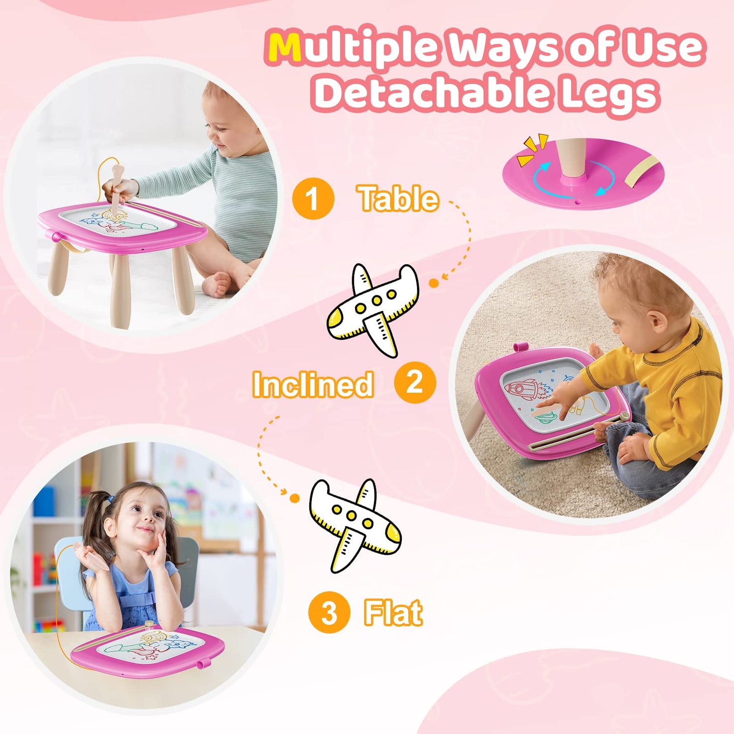 Kikidex Toddler Toys for 1-3 Years, Sturdy Magnetic Doodle Board, Reusable, No Mess, Educational Learning Toys for Kids' Birthday (Rose)