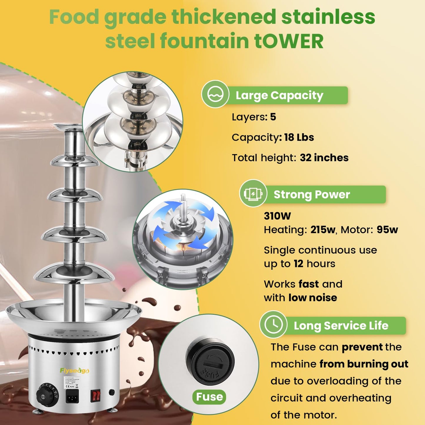 Flyseago Commercial Chocolate Fountain 5 Tiers 13.2 Lbs Nacho Cheese Fountain Stainless Steel Hot Fondue Fountain Machine for Bakery, Party, Gathering, Wedding, Rental, Knob Control
