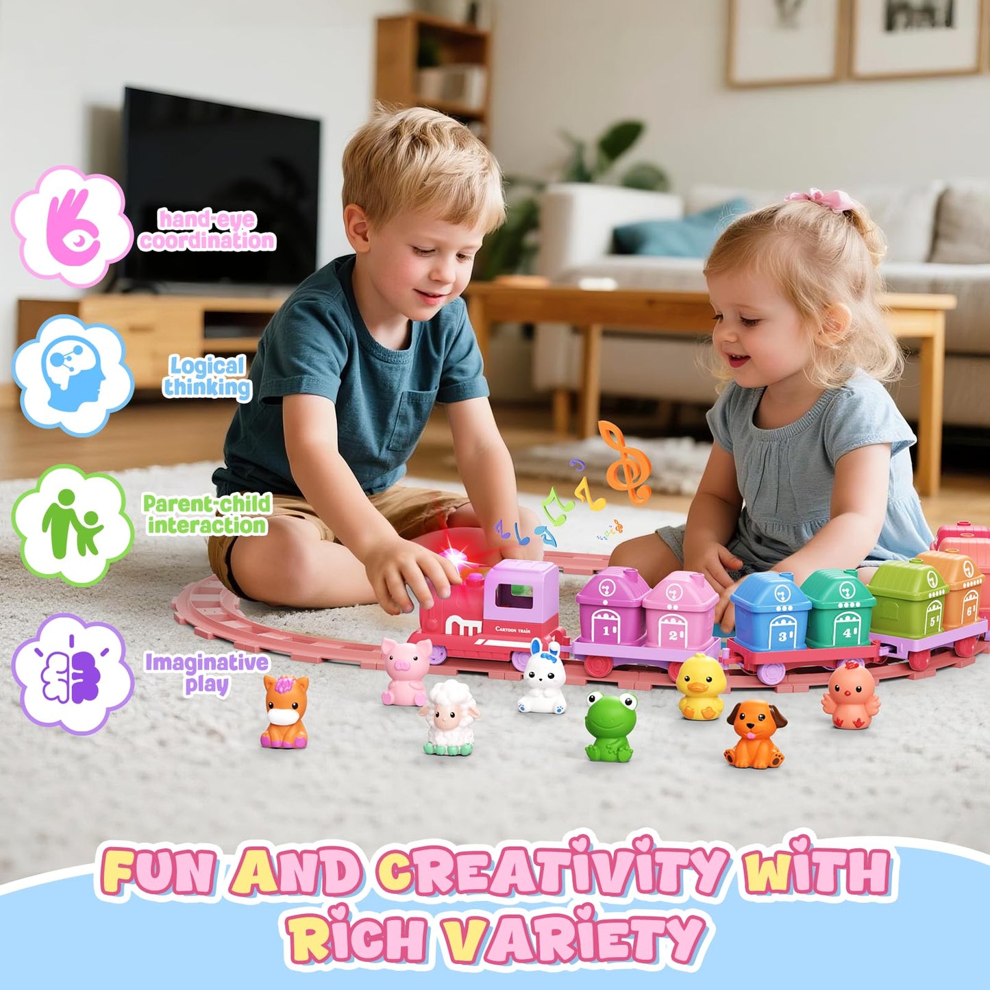Cmiolacuna Train Set for Girls 2-4, Electric Toy Train with Farm Animals & Music & Lights, Montessori Counting & Sorting Learning Toys for Toddler Girls 1 2 3 Year Old, Christmas Easter Birthday Gift