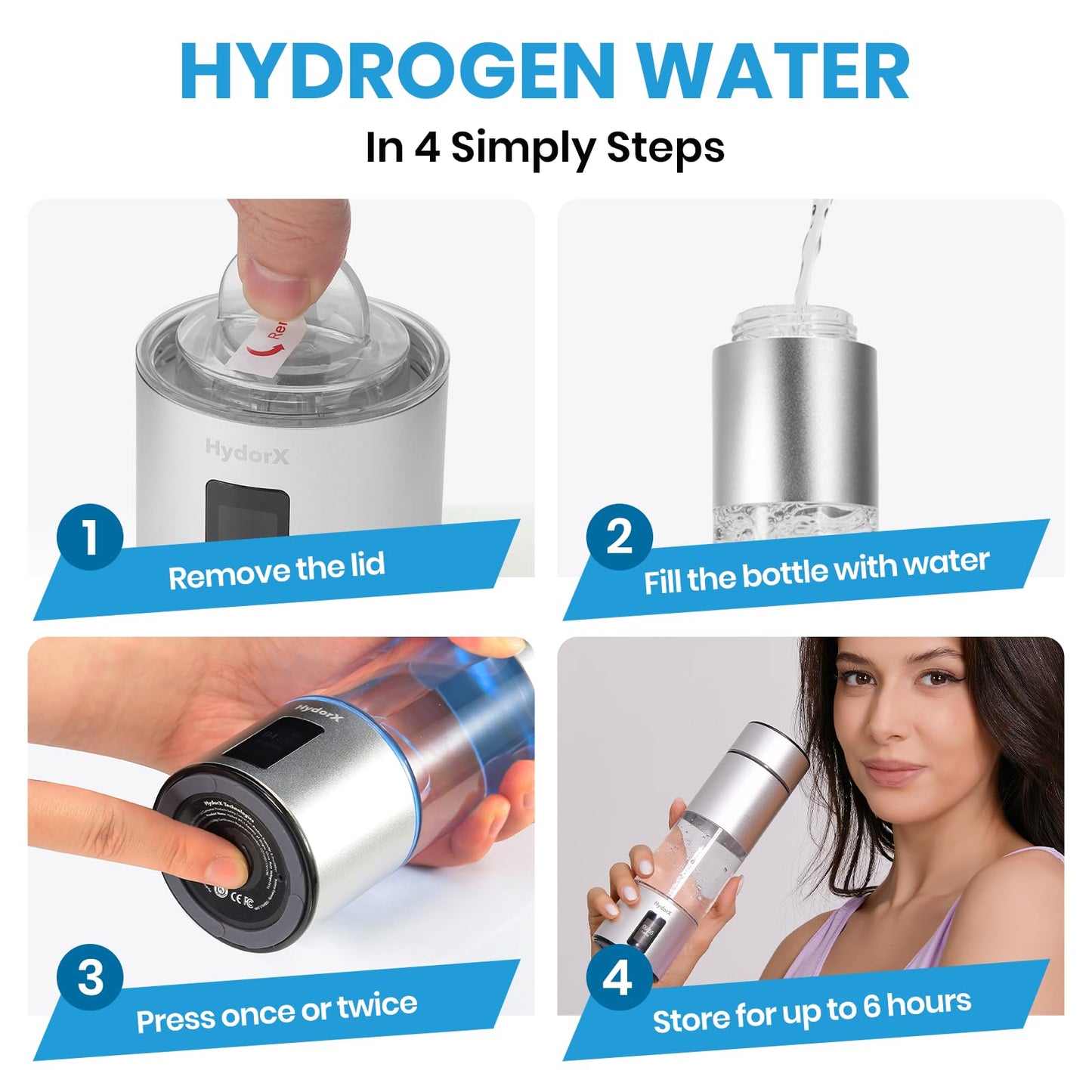 HydorX Hydrogen Water Bottle Portable Hydrogen Generator 6700ppb High Concentration Medical Grade 8.3oz USA Brand N117 SPE Platinum PEM Technology Hydrogen Bottle 100% Leaking Poof