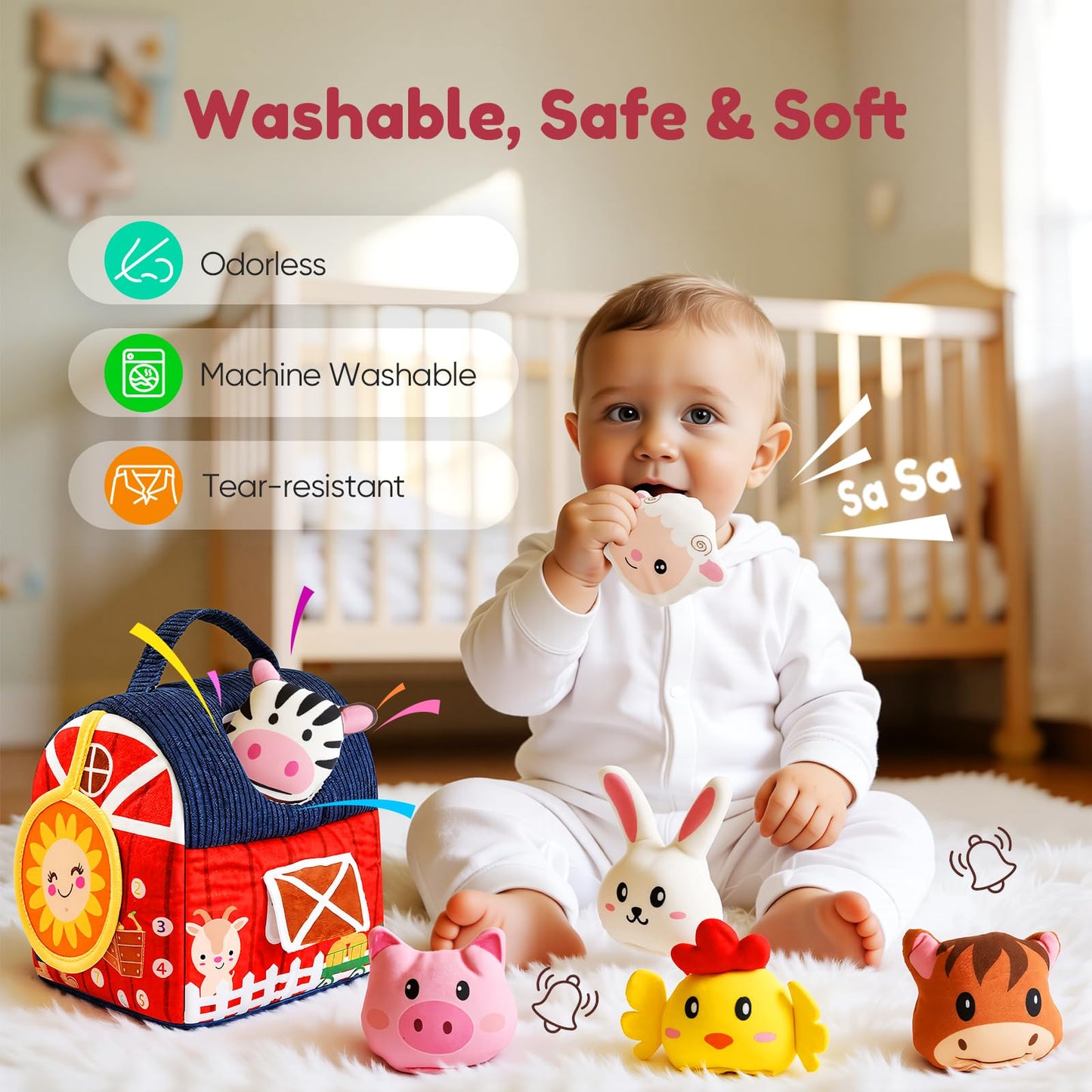 Baby Soft Toys 6-12 Months - Surprise Barn Stuffed Farm Animals House for Toddlers 1-3, Montessori Sensory Plush Toys for Infants, Rattle, Crinkle, Baby Learning Plush Toys for Babies Tummy Time