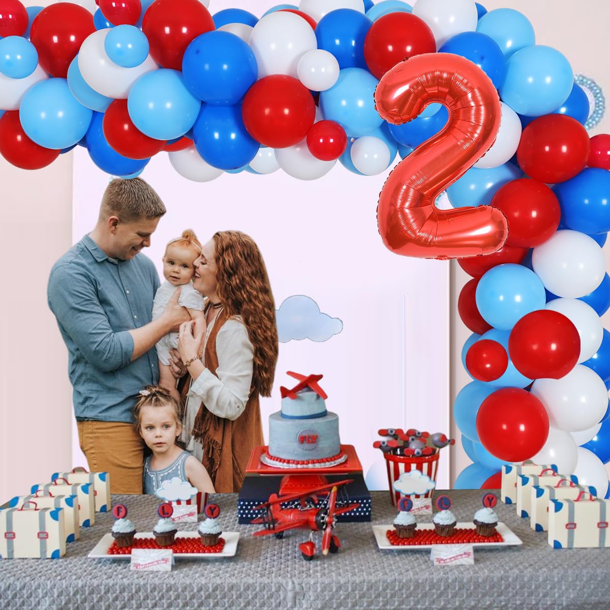 Two Fly Birthday Party Decorations, Airplane 2nd Birthday Decorations for Boys Girls - Blue and Red Balloon Garland, Airplane and Cloud Foil Balloons, Two Fly Letter Balloons