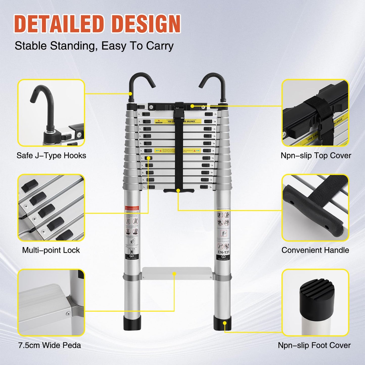 Grefinity 16.5 FT Aluminum Telescoping Ladder with Hooks, Extension Ladder with Reinforced Alloy Joints, 400 lbs Load Capacity with Non-Slip Feet, Compact Portable for Home, RV, Attic and Roof Use