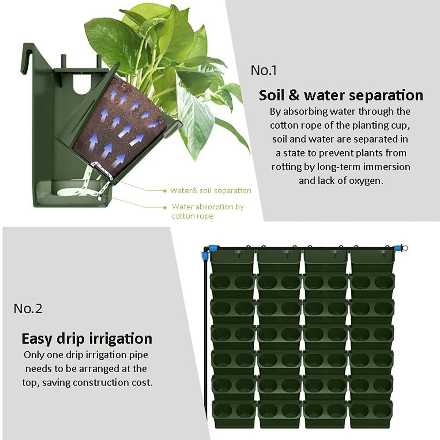 IMSFQFWL Vertical Wall Planter for Outdoor Plants, Indoor/Outdoor Living Wall Decor for Green Herbs and Flowers Self Watering Stacking Planters with Hanging Holder (Dark Green)
