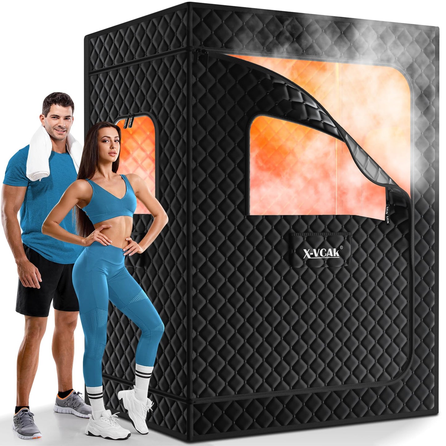 X-Vcak 2 Person Sauna, Extra Large Sauna, Portable Steam Sauna Tent with 2 Steamers, 2 Folding Chair, 71”x 49”x 36”, Black