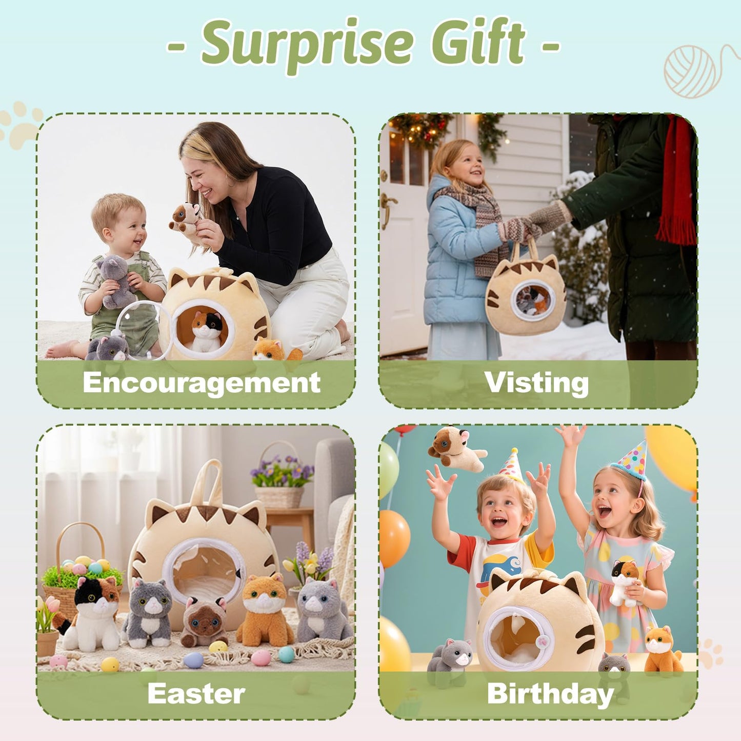 OUOZZZ Cat Stuffed Animal House – Plush Kitten Toy Set with 5 Soft Cats – Interactive & Travel-Friendly Kitties Carrier Playset for Toddlers & Kids – Huggable, Portable Birthday Gift for Baby Girls