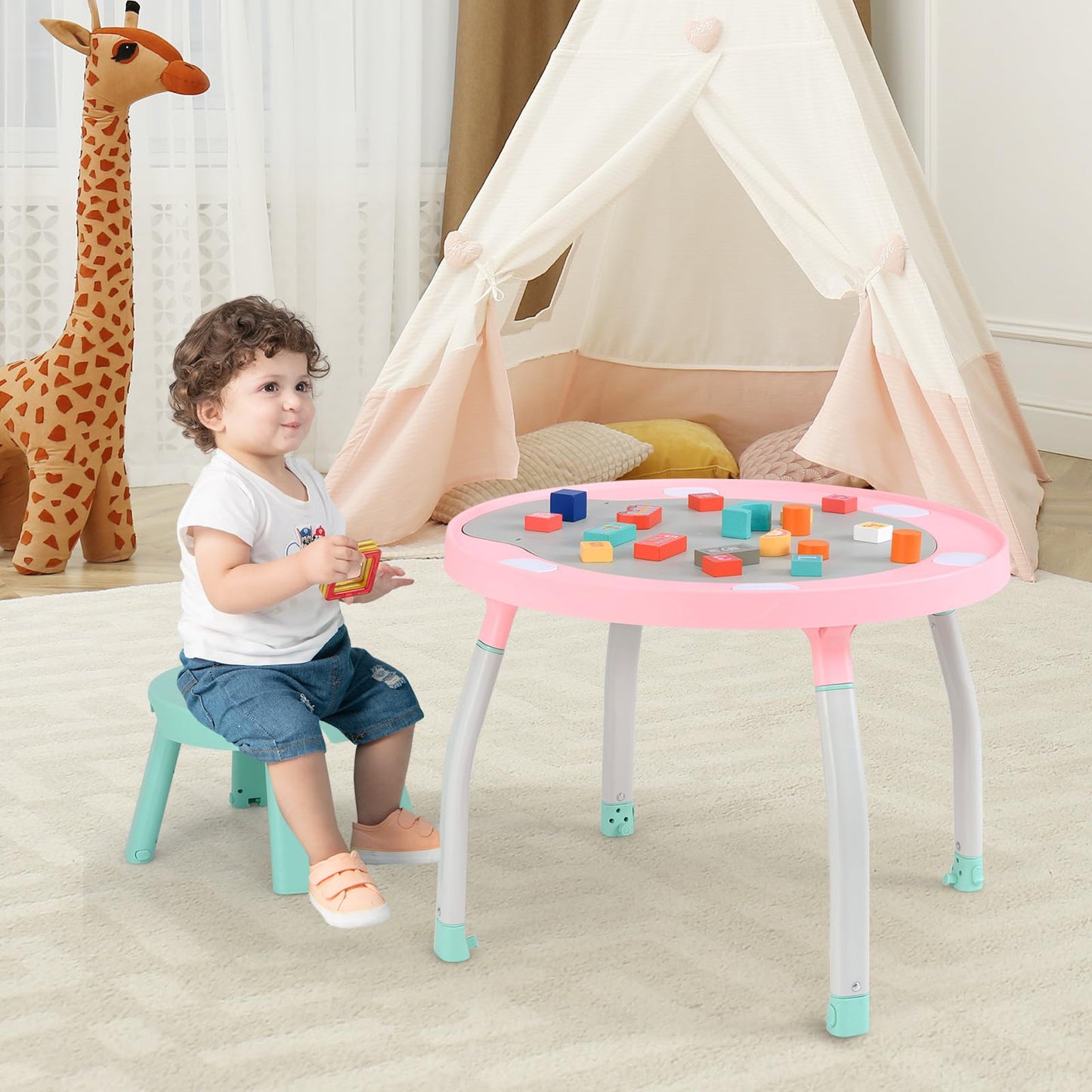 BABY JOY 5 in 1 Baby Activity Center, Baby Jumpers and Bouncers with Removable Toys, Lights & Music, 3 Adjustable Heights, Interactive Play Center for Toddlers Boys Girls 6-36 Months (Pink)