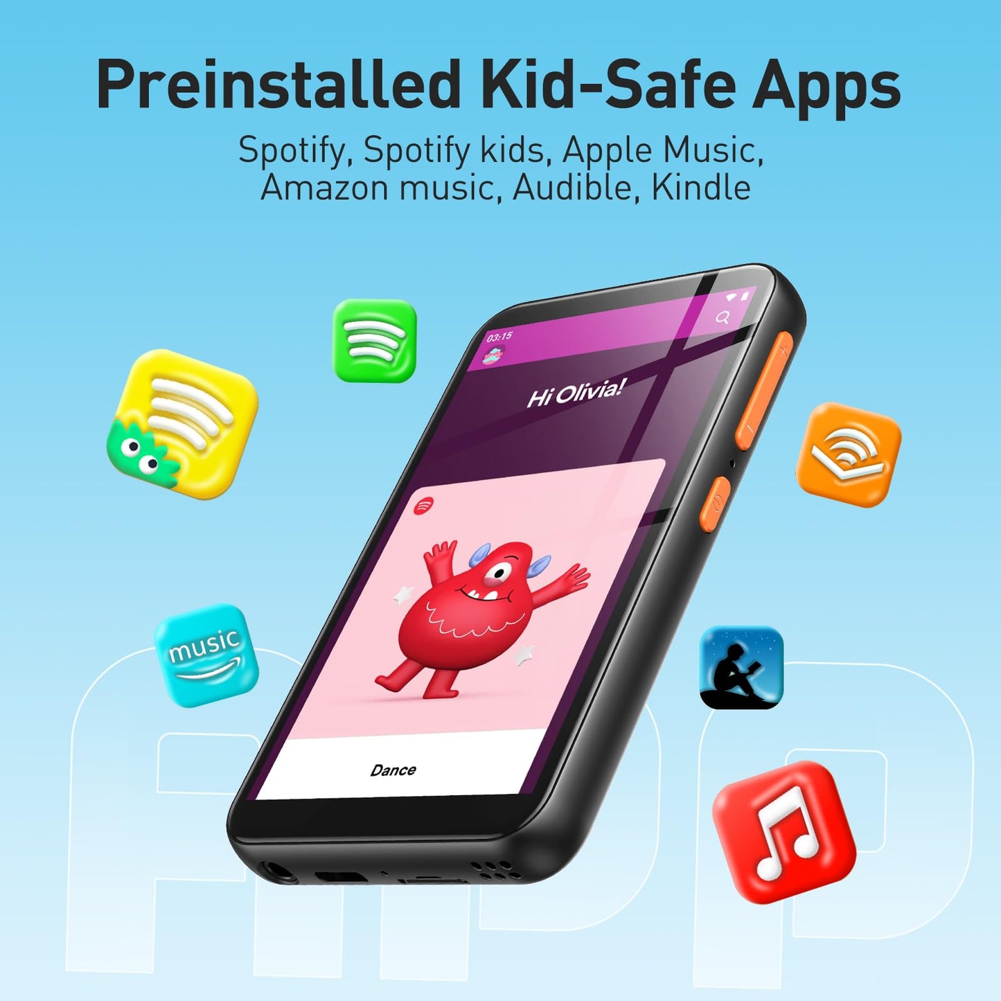 AGPTEK 80GB MP3 Player for Kids with Bluetooth and WiFi, T07S 4'' Music Player with Parental Controls, Spotify Kids, Up to 512GB, Black