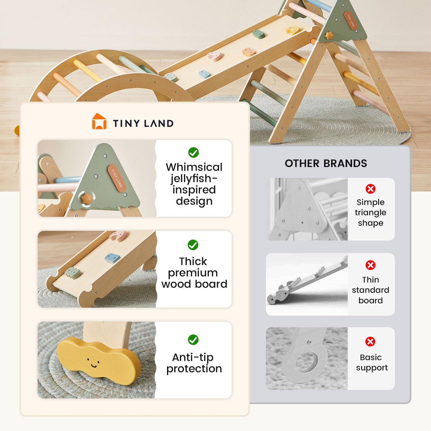 Tiny Land Pikler Triangle Set,7-in-1 Foldable Montessori Toddler Climbing Toys Indoor, Wooden Playground Jungle Gym for Kids, Climber Gift for Boys & Girls Toddler Climbing Toys (Morandi)