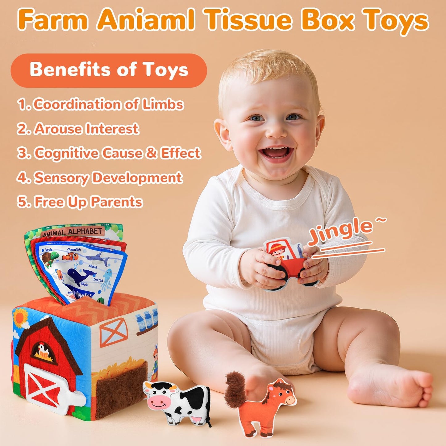 MPQMPQ Baby Tissue Box Toy Farm Crink Plush,Whats Inside Box Montessori Toys with Rattle,Crinkle,Mirror for Babies 6 9 12 18 Months Early Developmental Infant Sensory Learning Toys Newborn Gifts