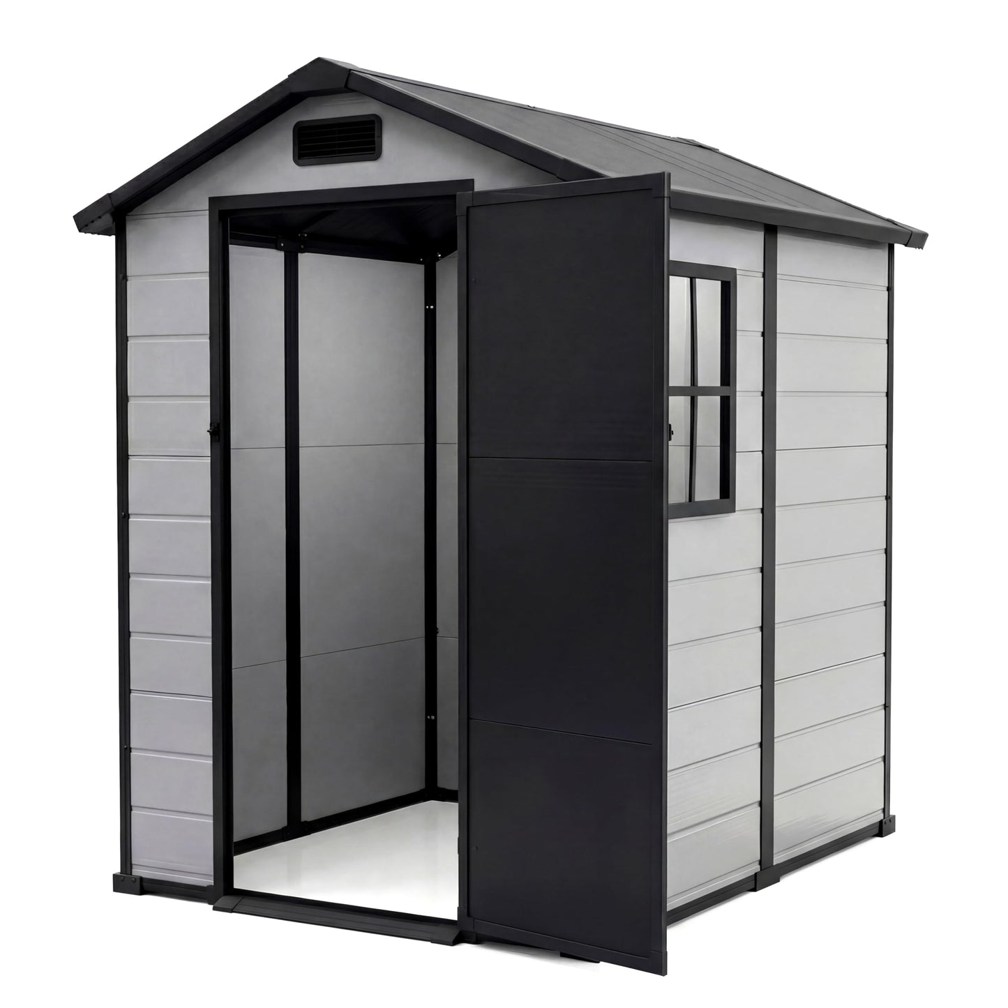 4x6 FT Outdoor Storage Shed, Large Waterproof Resin Garden Shed with Lockable Door Vents Window for Patio Lawn Mower Bike Tool Backyard Organization, Gray + Black