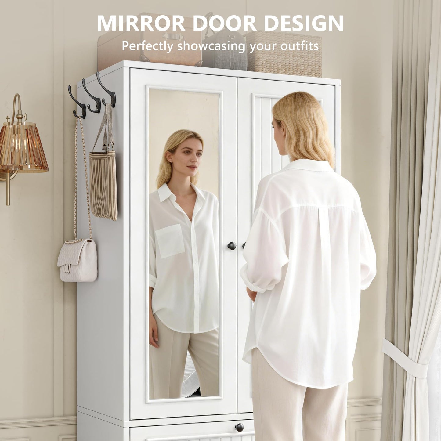 Feonase Armoire Wardrobe Cabinet with Mirror and Drawer, 70" 2-Door Wooden Closet Organizer for Bedroom Storage, White