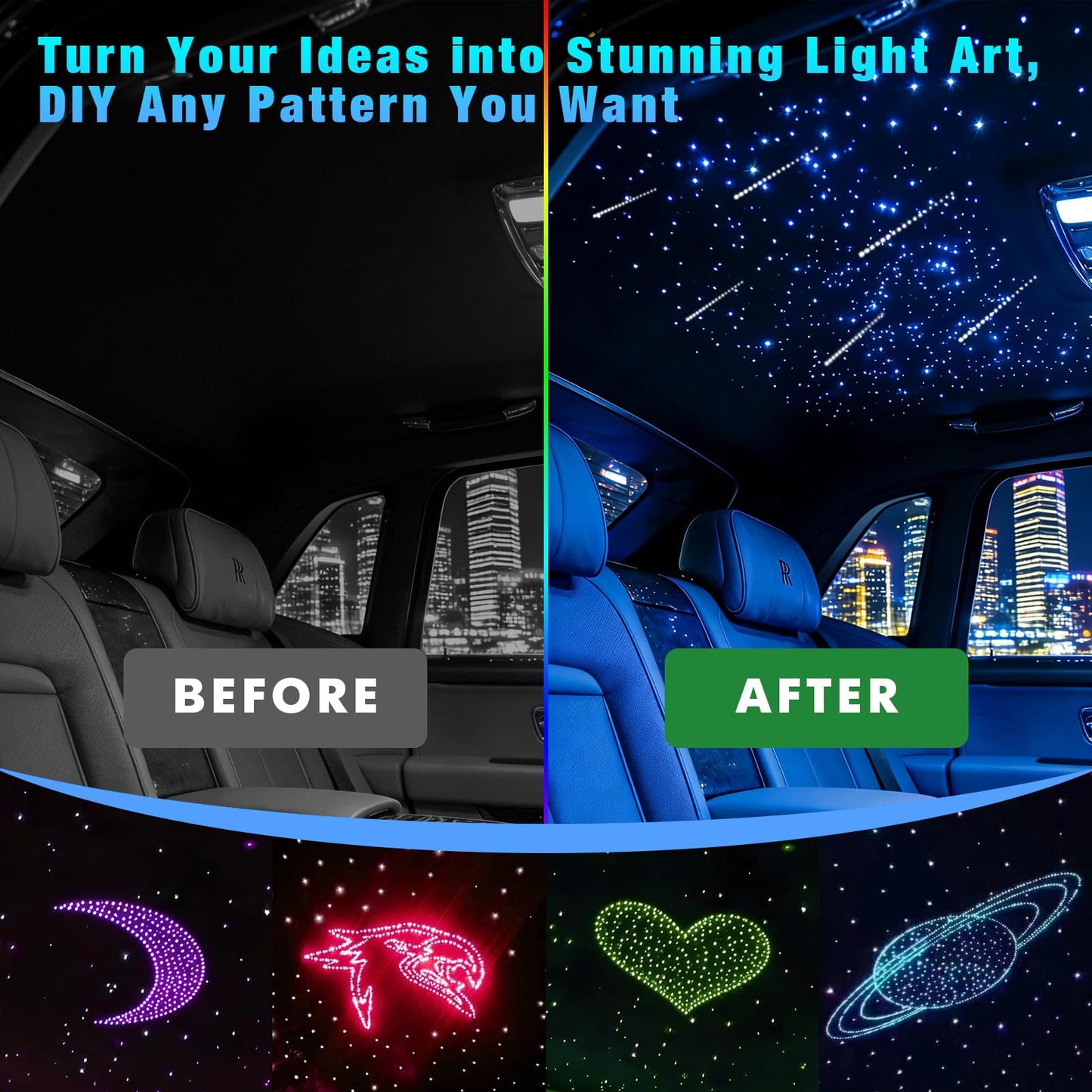 Starlight Headliner Kit 600 Piece Twinkle 0.03in(6.5ft/2m) with White Meteor Fiber Optic Light Kits Car Roof Lights RGBW Music Activated/APP Control Star Lights for Car Theater Game Bed Room Ceiling