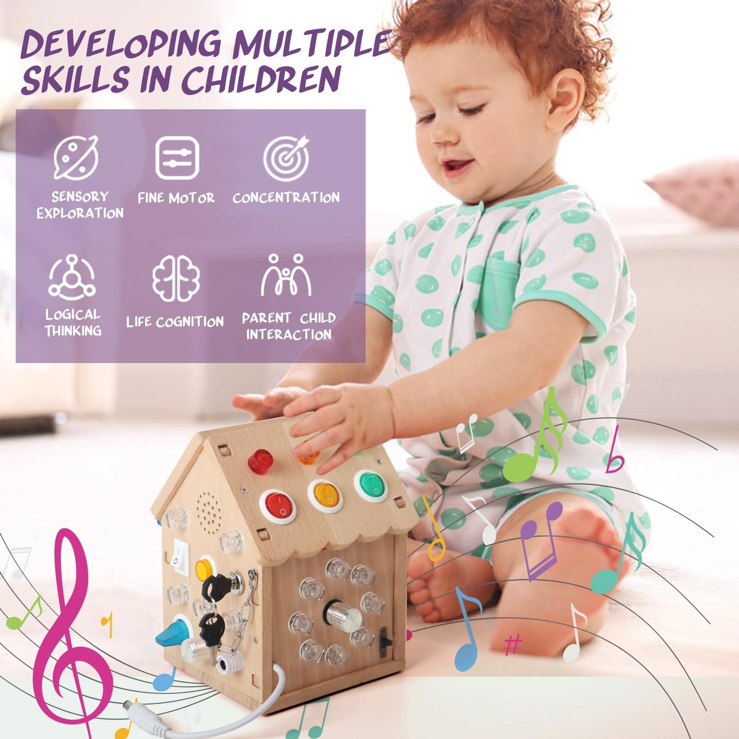 Dinhon Sound and Light Busy House Wooden Montessori Busy Board, Light Switch Games Toddler Sensory Toys Montessori Toys for 3+ Year Old Gifts for Boys and Girls