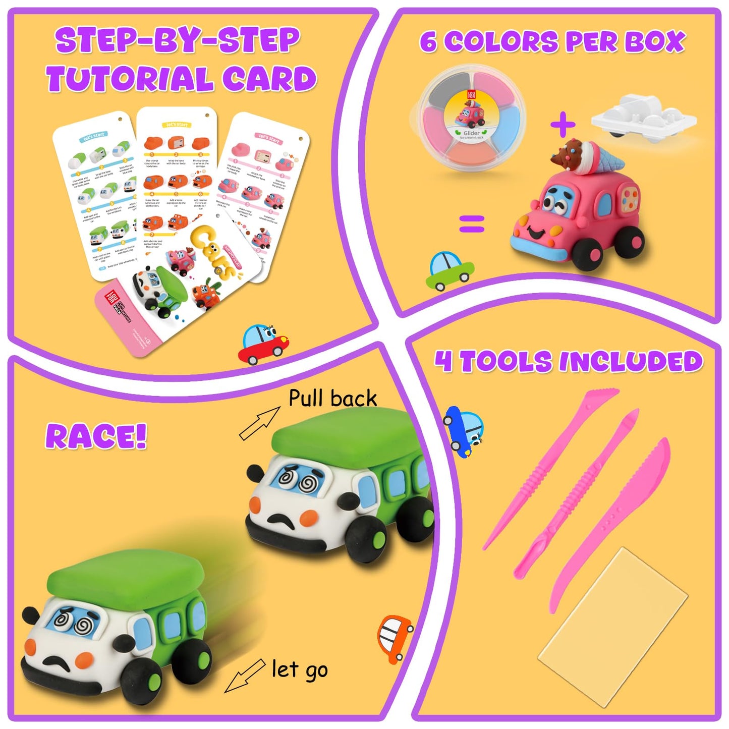Air Dry Clay Kit for Kids - Pull Back Car Making, 3 Boxes Modeling Clay with Sculpting Tools, Base, Backing Board, Tutorial, Ultra Light & Soft, Non-Toxic & Safe, Creative DIY Arts and Crafts Toys