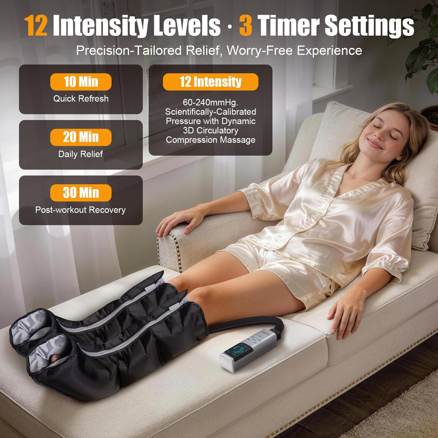 pryfey Leg Massager with Heat and Compression, Foot and Calf Massager for Circllation and Pain Relief, 12 Intensity, 6 Modes,3 Heating, Compression Boots for Muscle Recovery, Mother's Day Gifts