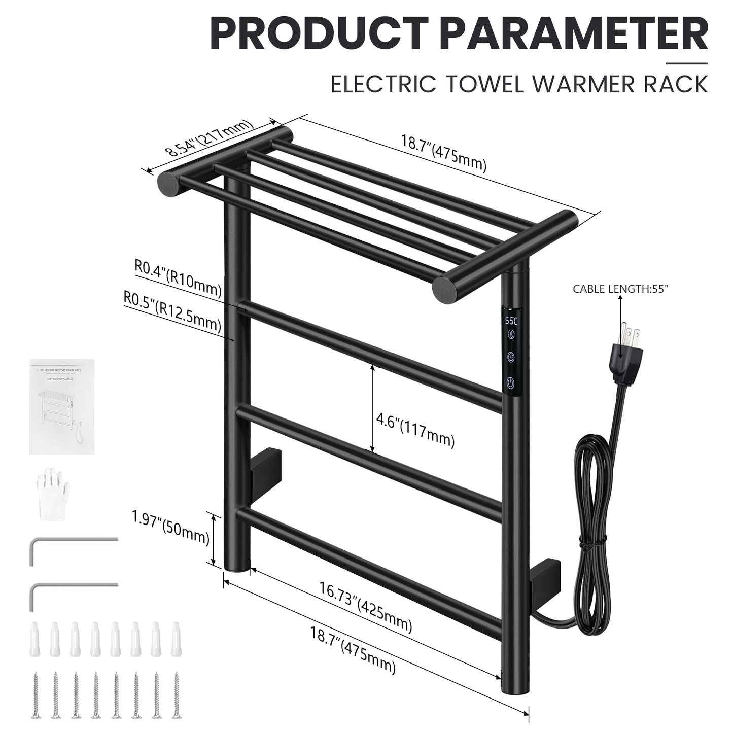Towel Warmer Wall Mounted with 3 Electric Stainless Steel Heated Bars, Hot Towel Rack for Bathroom, Plug-in BathTowel Heater with Built-in Timer, Matte Black