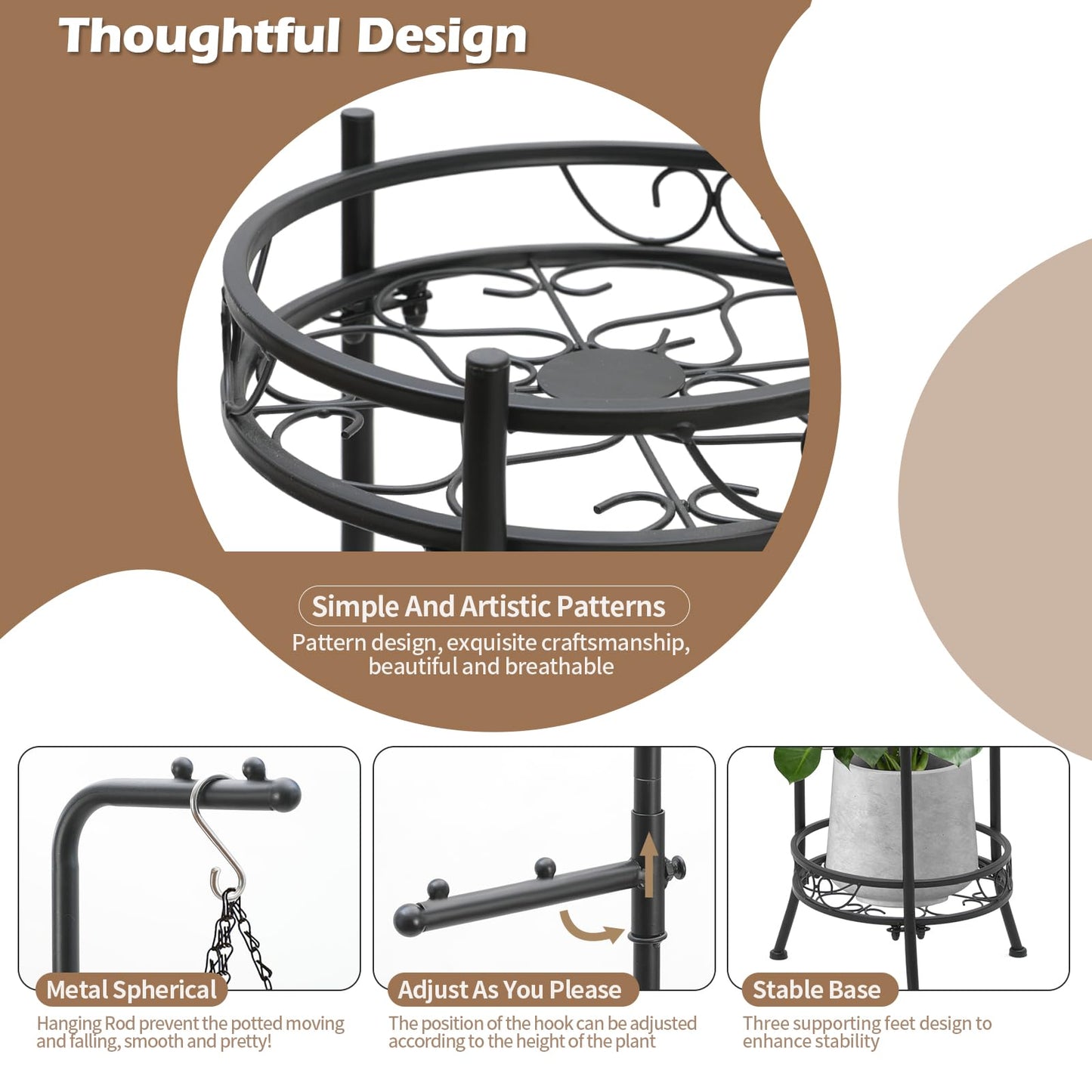 CZWL&HG Hanging Plant Stand Adjustable 2-Tier 72" Metal Shelf -Tall Indoor/Outdoor Plant Rack with Hangers for 4 Potted Flowers, Corner Shelf for Living Room & Patio (White)
