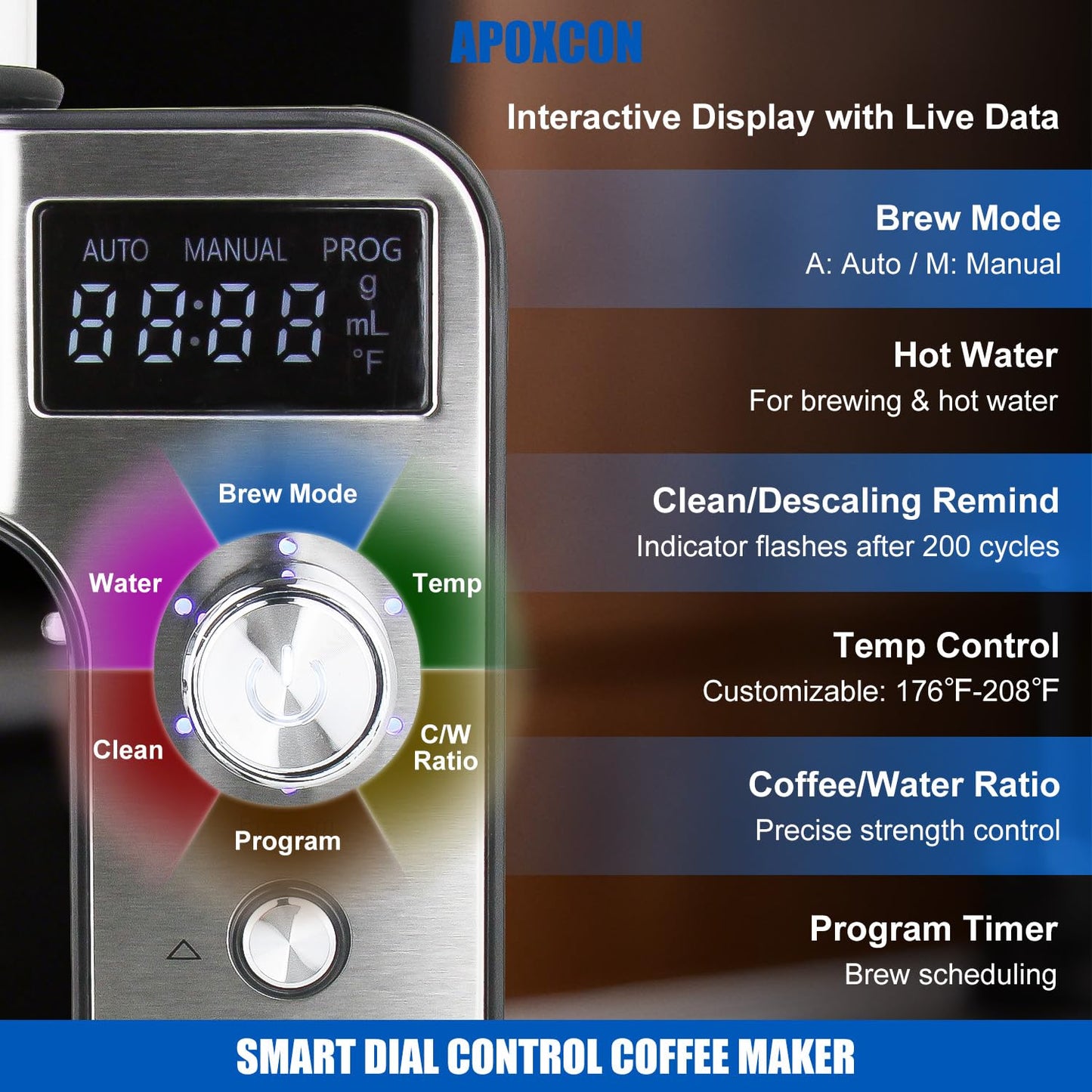 APOXCON Drip Coffee Machine with Carafe, Pour Over Coffee Maker with Auto & Manual Mode, 24-Hr Programmable Single-Serve Brewer, Built-in Scale, Stainless Steel Filter - 1L