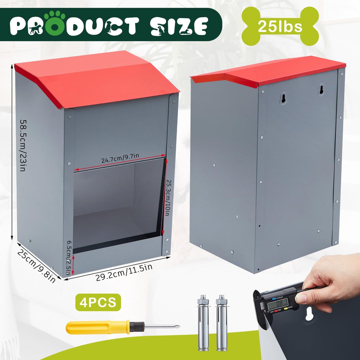 4 Pcs 25 Lbs Large Galvanized Automatic Dog Feeder Dog Food Dispenser with Handle Acrylic Panel Galvanized Gravity Feeder Thickened Rust Proof Outdoor Hanging for Doggie Breed Food Container