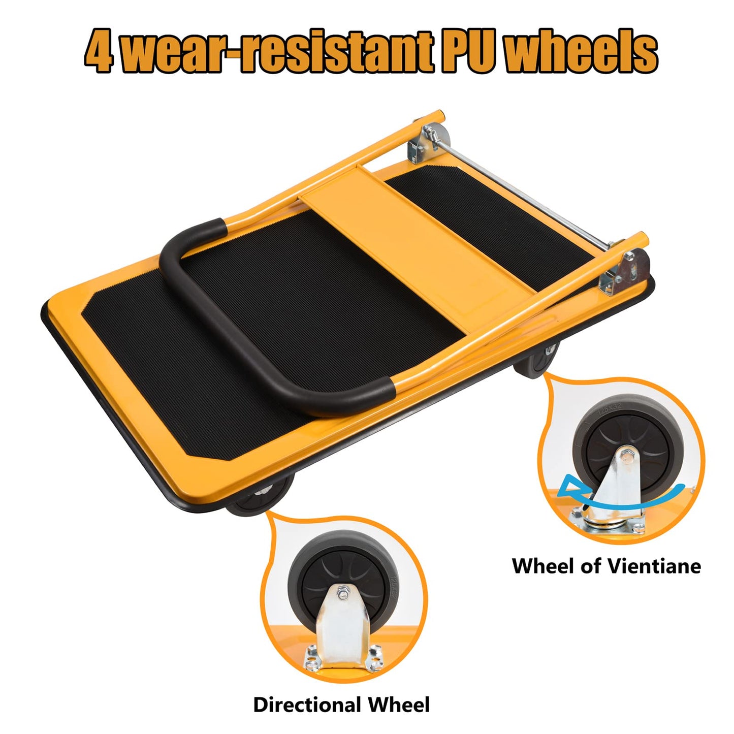 LEADALLWAY Platform Truck Large Size 880lbs Foldable Push Cart 35.8x24x34.3inches Yellow with 2 Ropes