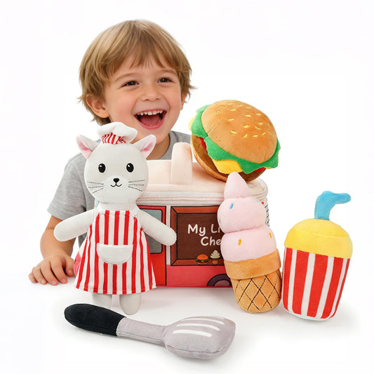 Cooking Play Set for Toddlers Cat Baby Toys 6-12 Months Interactive Stuffed Animal Plush Kitchen Pretend Toys for Girls Boys Gift Stuffed Teething Toy Infants Crinkle Sensory Toy Montessori(Kitten)